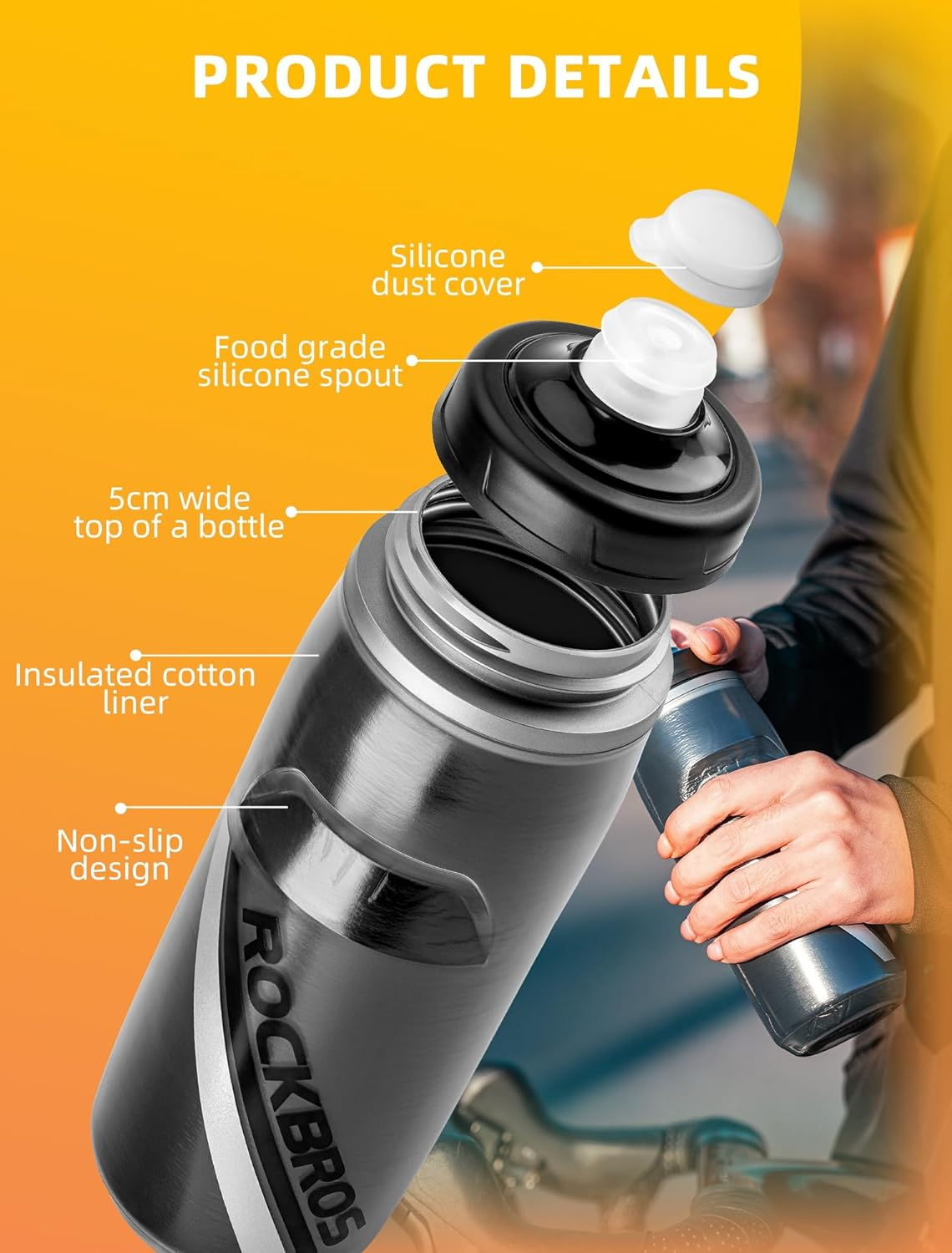 ROCKBROS Bike Water Bottle 21Oz Bicycle Water Bottle for 5Hrs Insulation Sports Squeeze Water Bottle with Leakproof Design image number 2