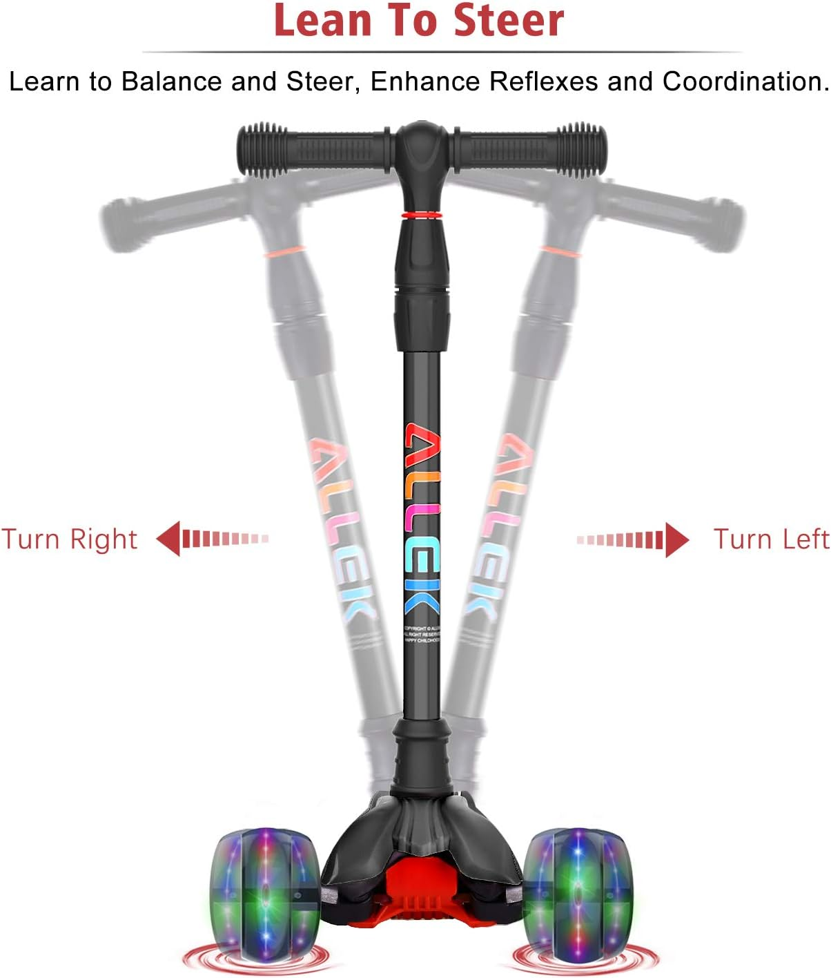 Allek Kick Scooter B02, Lean 'N Glide Scooter with Extra Wide PU Light-Up Wheels and 4 Adjustable Heights for Children from 3-12Yrs