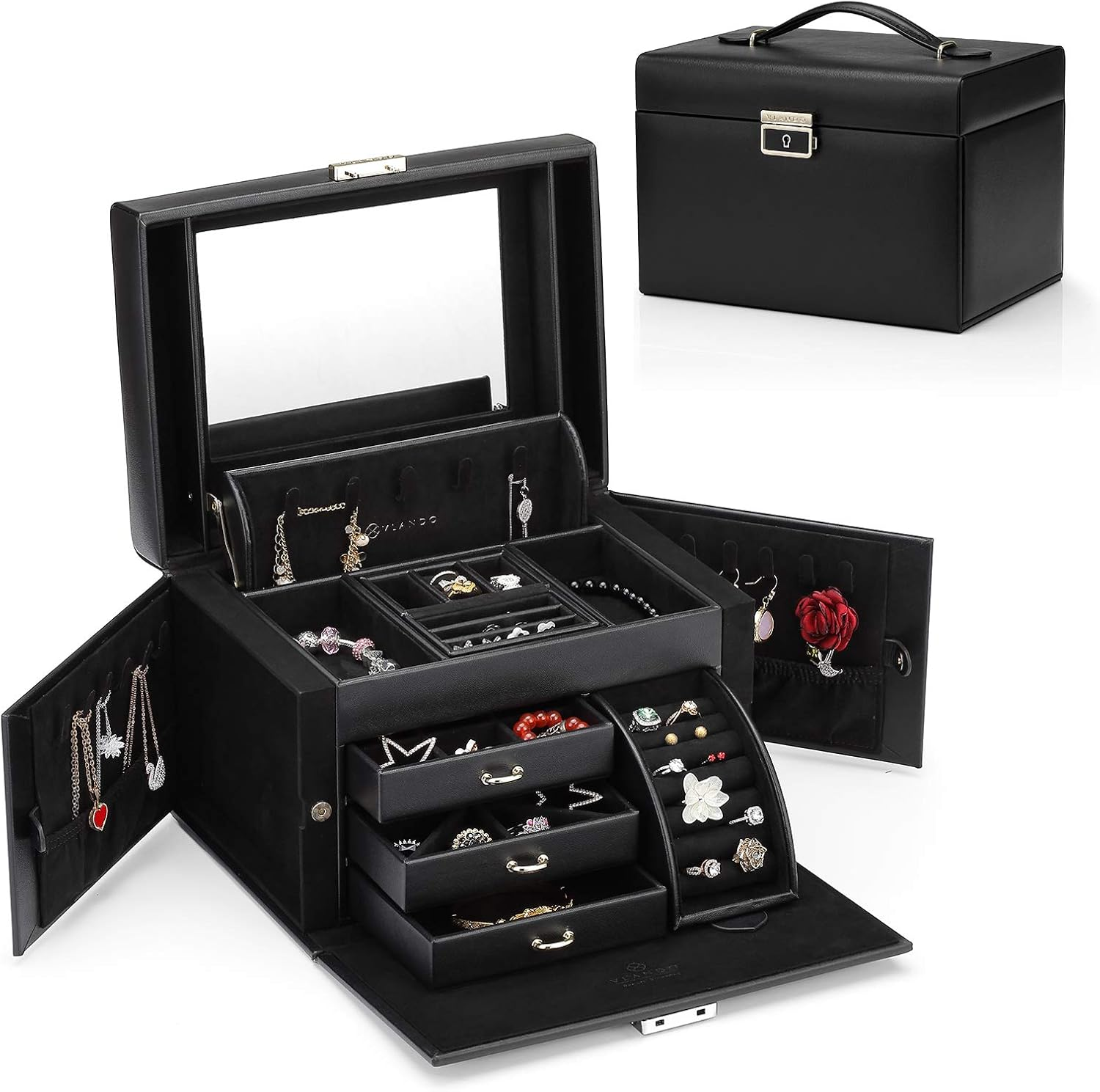 Vlando Jewellery Box Organiser, Faux Leather Jewellery Storage Case with Mirror, Storage for Earring Rings Necklace Large Jewellery Box for Home Storage & Organisation,Christmas Birthday Gift - Pink