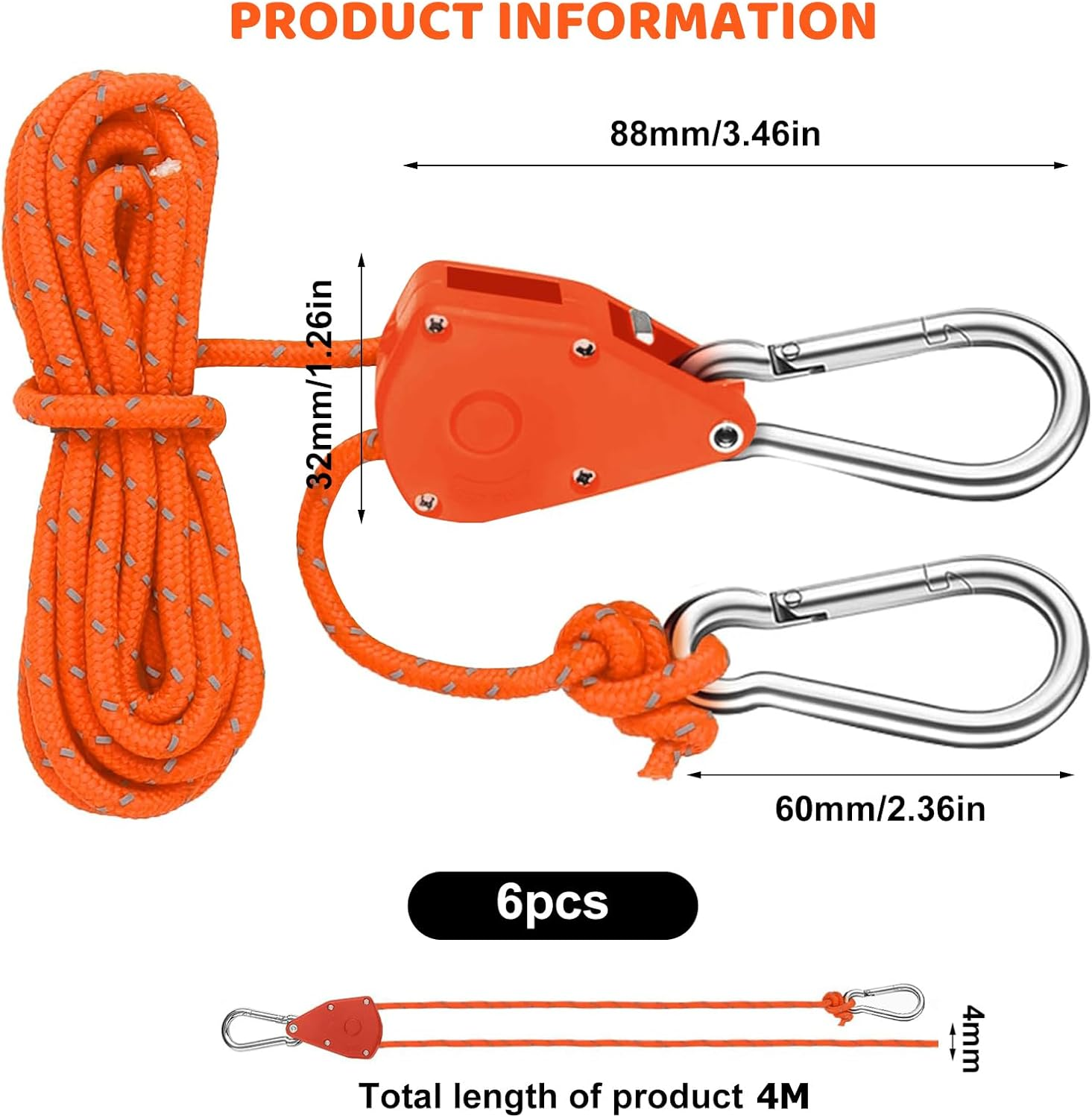 Pack of 6 Rope Ratchet with Hooks, Reflective Guy Ropes, Rope Ratchet Hanger Hanger, Diameter 4 Mm Rope Ratchet with Hook, Rope Ratchet for Tents, Fans, Plant Lights, 150 Lb 3.12 Ft/4M-O image number 1