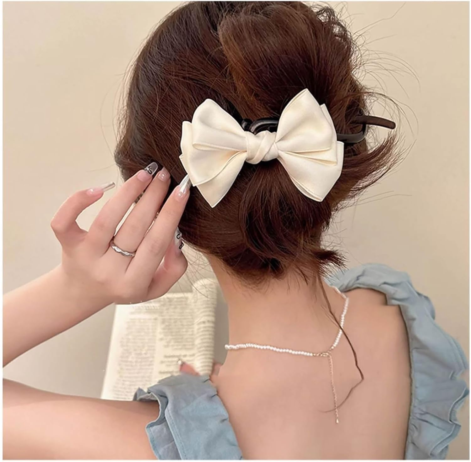 Tseenyi Bow Hair Clip Satin Hair Accessories Hair Pins White Bow Knot Twisted Hair Clips Small Bow Hair Clips Bow Ties Twist Clip Vintage Bridal Hair Clips Wedding Barrette image number 5