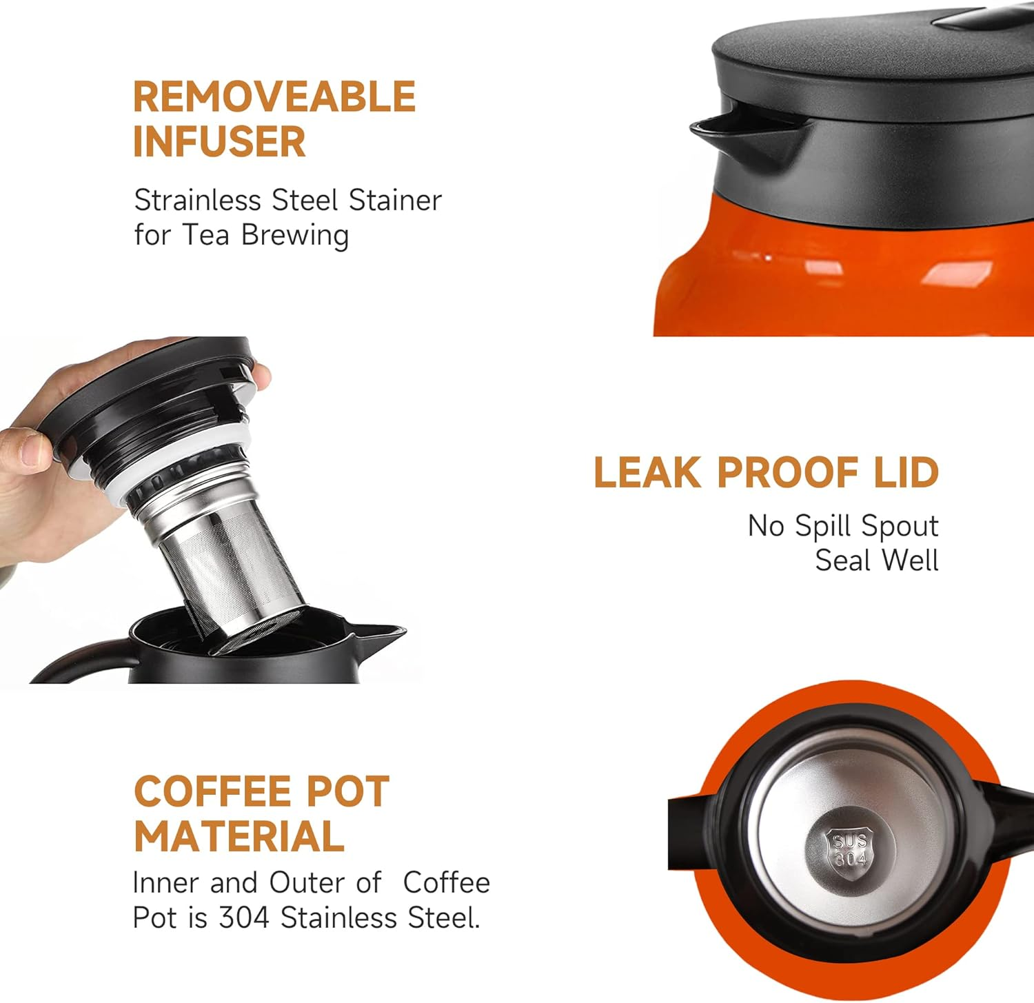 Incifuerza 34 Oz Thermal Coffee Carafe, Double Wall Stainless Steel Insulated Vacuum Coffee Pot Teapot for Keeping Hot, 1 Liter Beverage Dispenser with Removable Tea Filter (Orange) image number 1