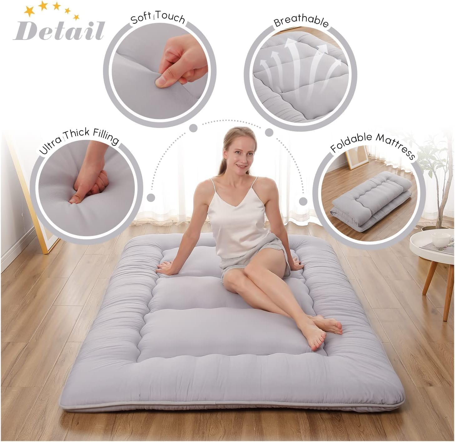 TARODEA Japanese Floor Mattress, Futon Mattresses with Portable Storage Bag and Washable Cover, Roll up Thick Tatami Mattress Suitable for Camping, Guest Room (Grey, 150 X 200 Cm) image number 4