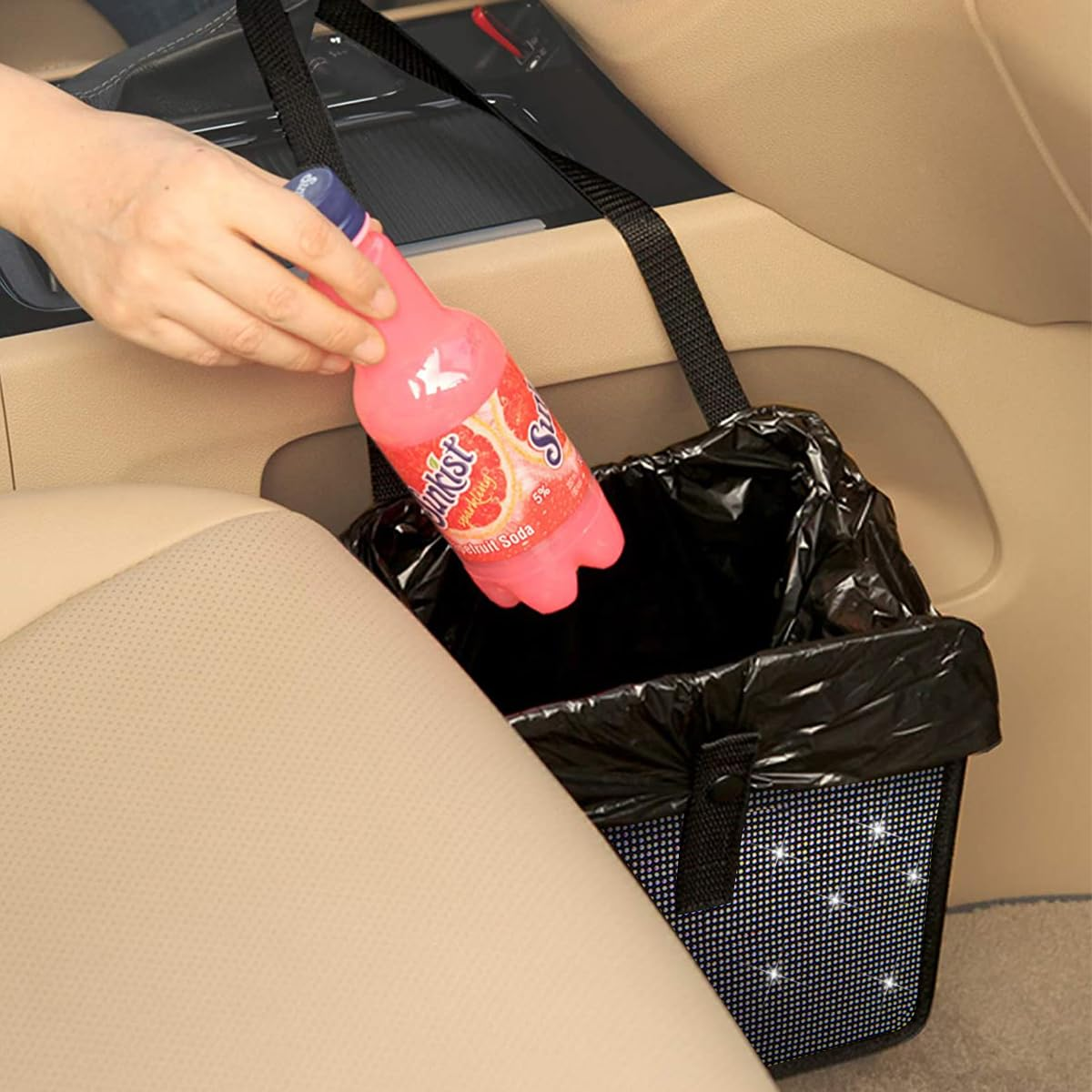 BELOMI Car Foldable Trash Can, Bling Rhinestone Crystal Auto Hanging Waterproof Leakproof Garbage Bin, Vehicle Waste Basket Dustbin, Multipurpose Car Organizer Accessories for SUV Truck RV (Black) image number 5