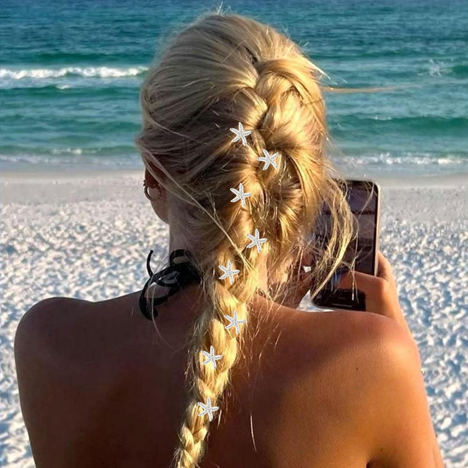 Lunarcharm 10 Pieces Hair Clips with White Rhinestones in Beach Style, Bohemian Hair Clip in Starfish Shape, Cute Accessory for Women and Girls, Cute Little Hair Clip image number 1