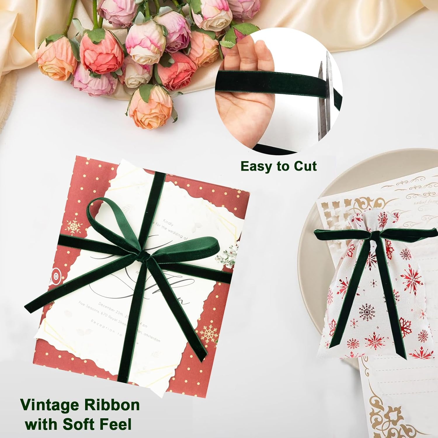 YQQZQ Vintage Velvet Ribbon, 10Mmwidth 22M Length,Ldeal for Gift Wrapping Craft Hairchoker Wrap Gifts for Mother'S Day (Green) - Golden image number 2