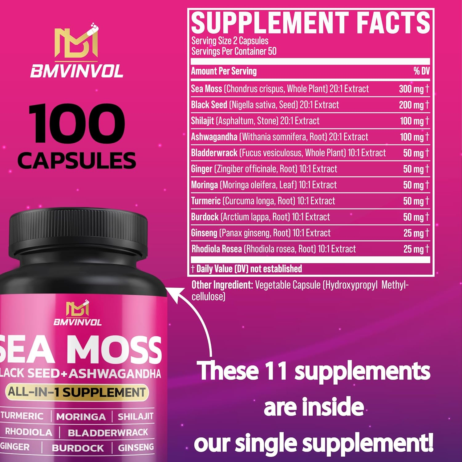 BMVINVOL Sea Moss 6000Mg Black Seed 4000Mg Shilajit 2000Mg Ashwagandha 2000Mg + Bladderwrack, Ginger, Moringa, Turmeric, Burdock, Ginseng, Rhodiola Rosea - 100 Capsules image number 5