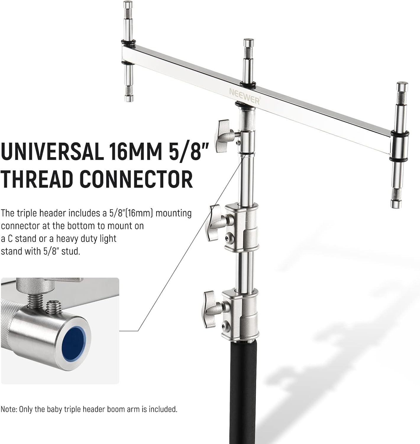 NEEWER Baby Triple Header Boom Arm with Five 5/8" Baby Pins for LED Light/Strobe Flash, One 1-1/8" Pin for C Stand/Light Stand with 16Mm Baby Stud or 28Mm Junior Receiver, Stainless Steel, UA005