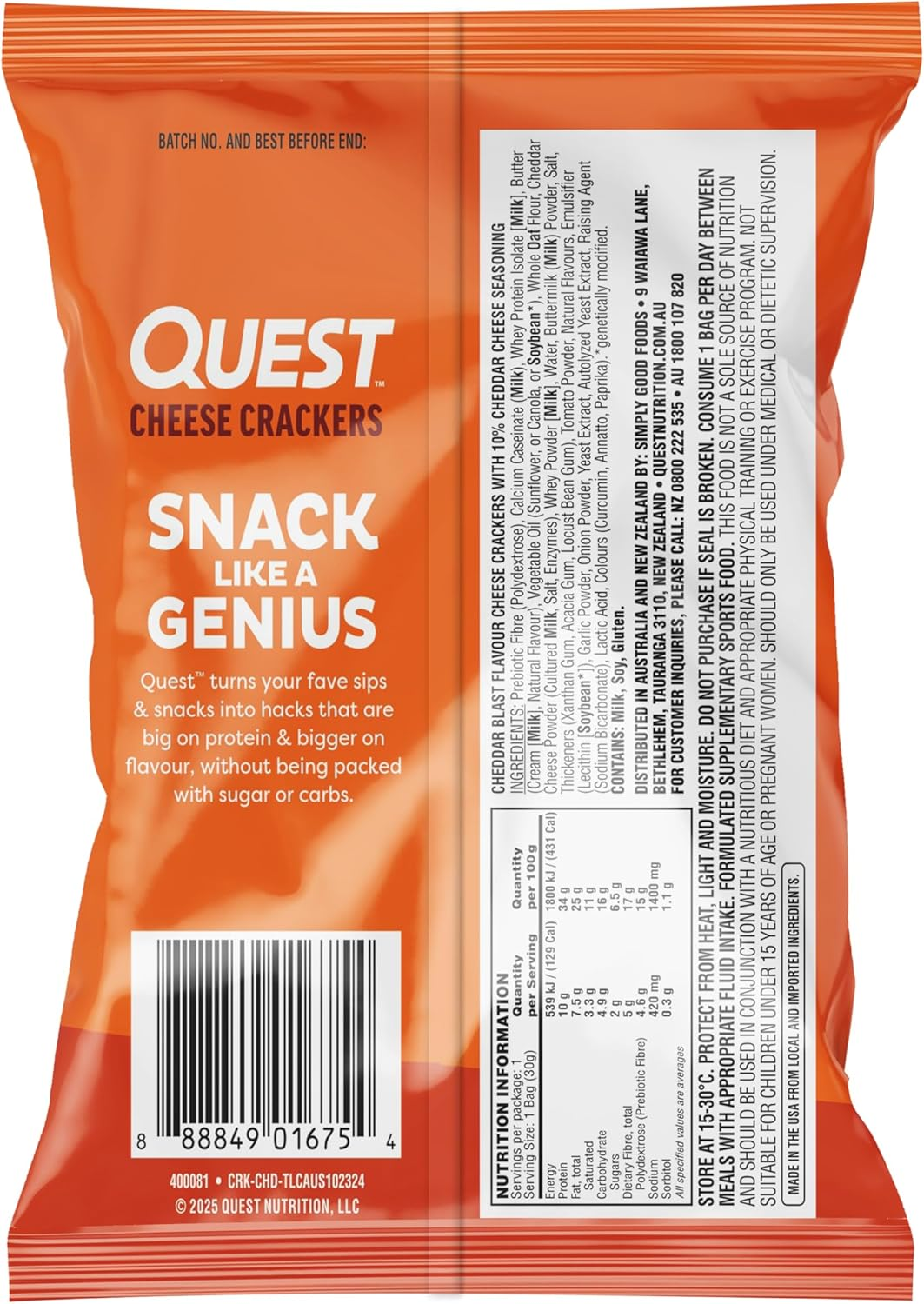 Quest Nutrition Cheese Crackers, Cheddar Blast, 10G Protein, 5G Carbs, 2G Sugar, Made with Real Cheese, 8 Packs (30G Bags) image number 3