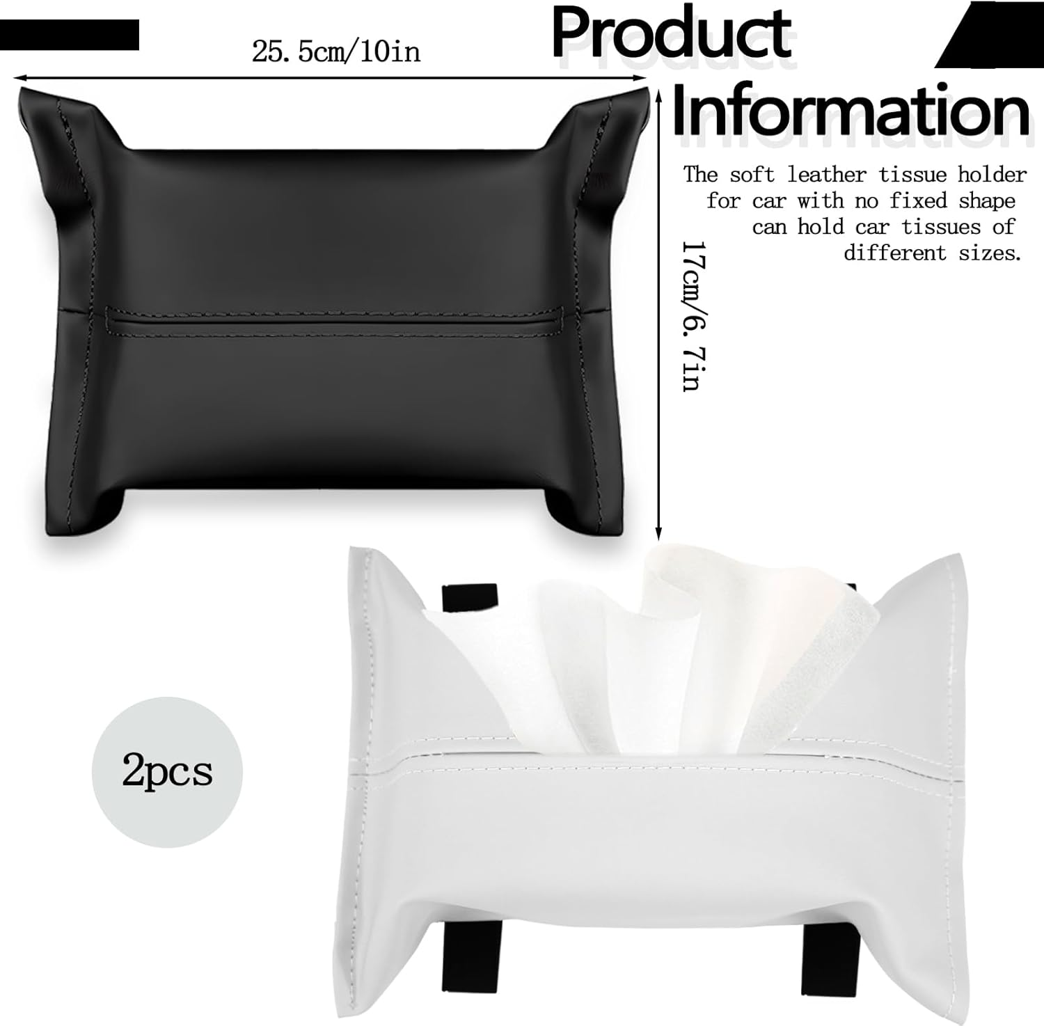2Pcs Car Tissue Holder, Soft PU Leather Sun Visor Tissue Holder, Napkin Dispenser for Car (Black+White) - Black+White image number 4