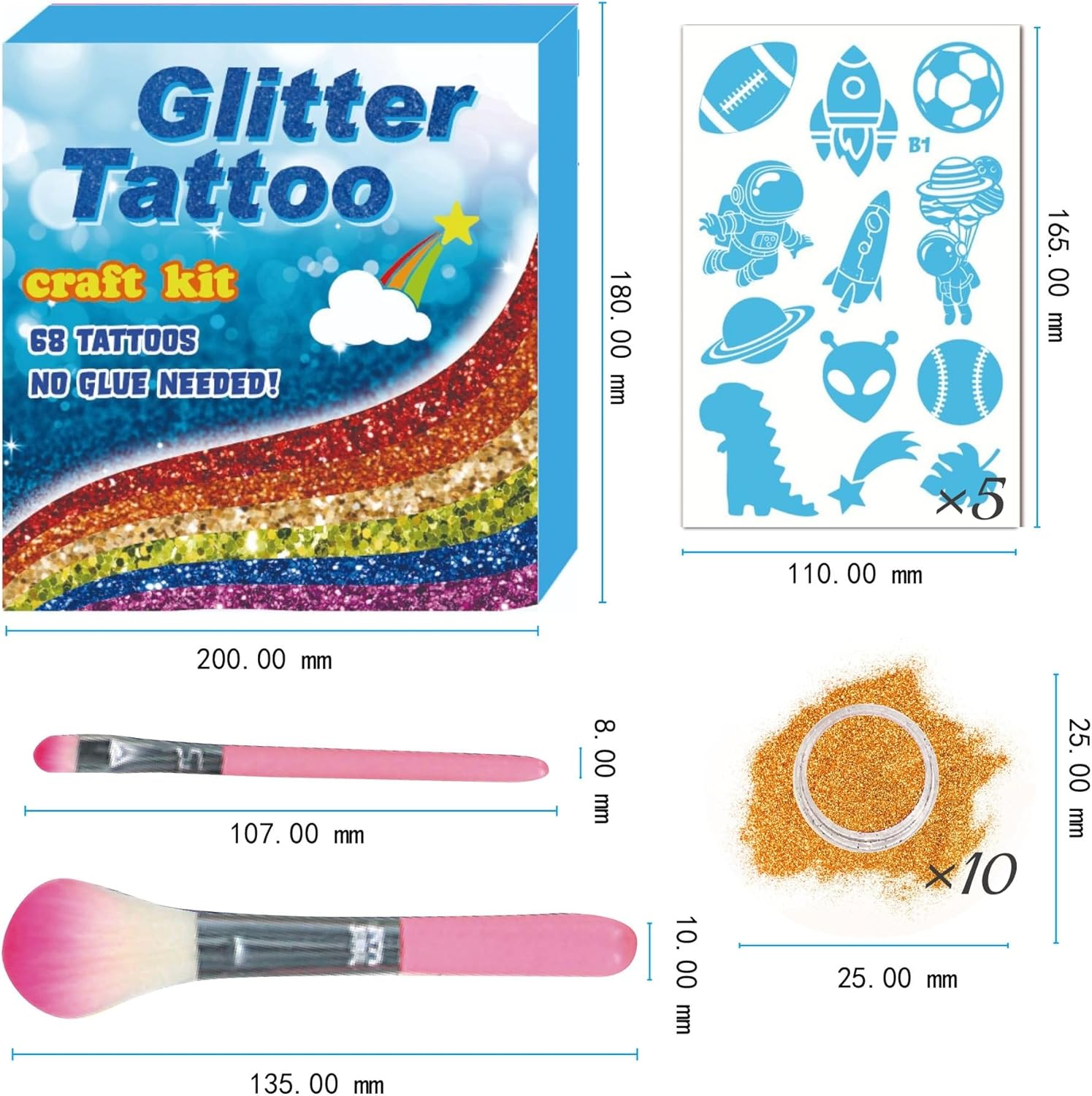 Temporary Glitter Tattoo Kit for Kids, 10 Colors, with 71 Stencils,2 Brushes, Body Glitter Make up Kit, for Cosplay, Birthday Party, Festival (BLUE) - Pink image number 5