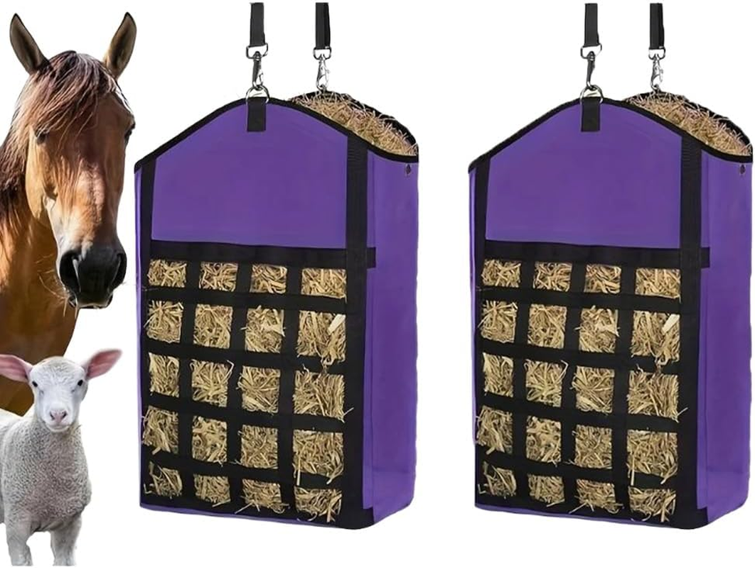 2 Pack Hay Bags,Slow Feeder Hay Bag,Horse Feeding Bag, with Front Hay Nets Design, Easy to Fill and Hang with Large Opening,For Horse, Goat, Donkeys (Purple) image number 2
