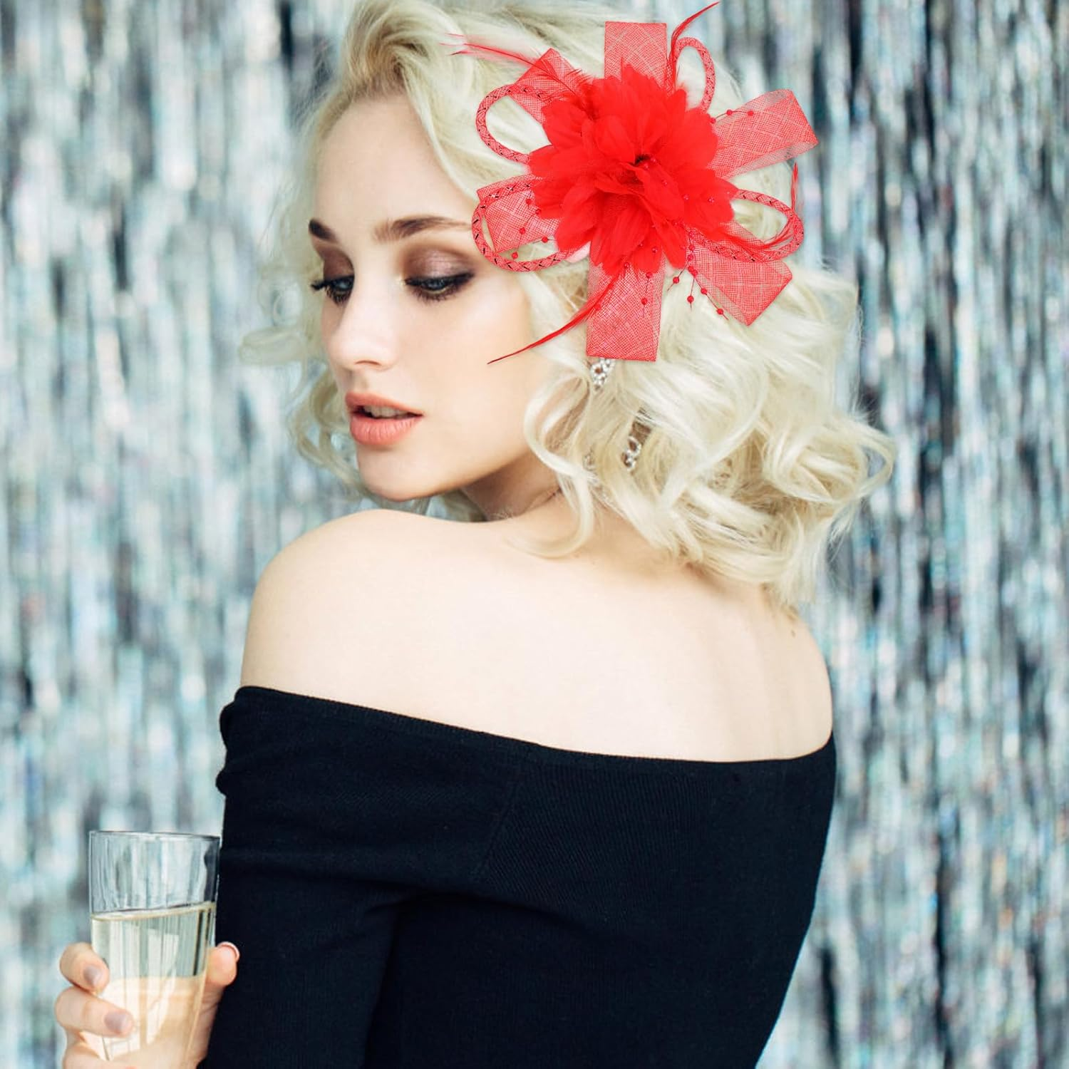 Sibba Flower Hats Clip Tea Party Lapel Pin Hair Clip Flower Feather Hair Clips Hairpin Butterfly Accessories Dresses Headband Set Women Girls Travel Wedding Prom Valentine'S Day Red D image number 3