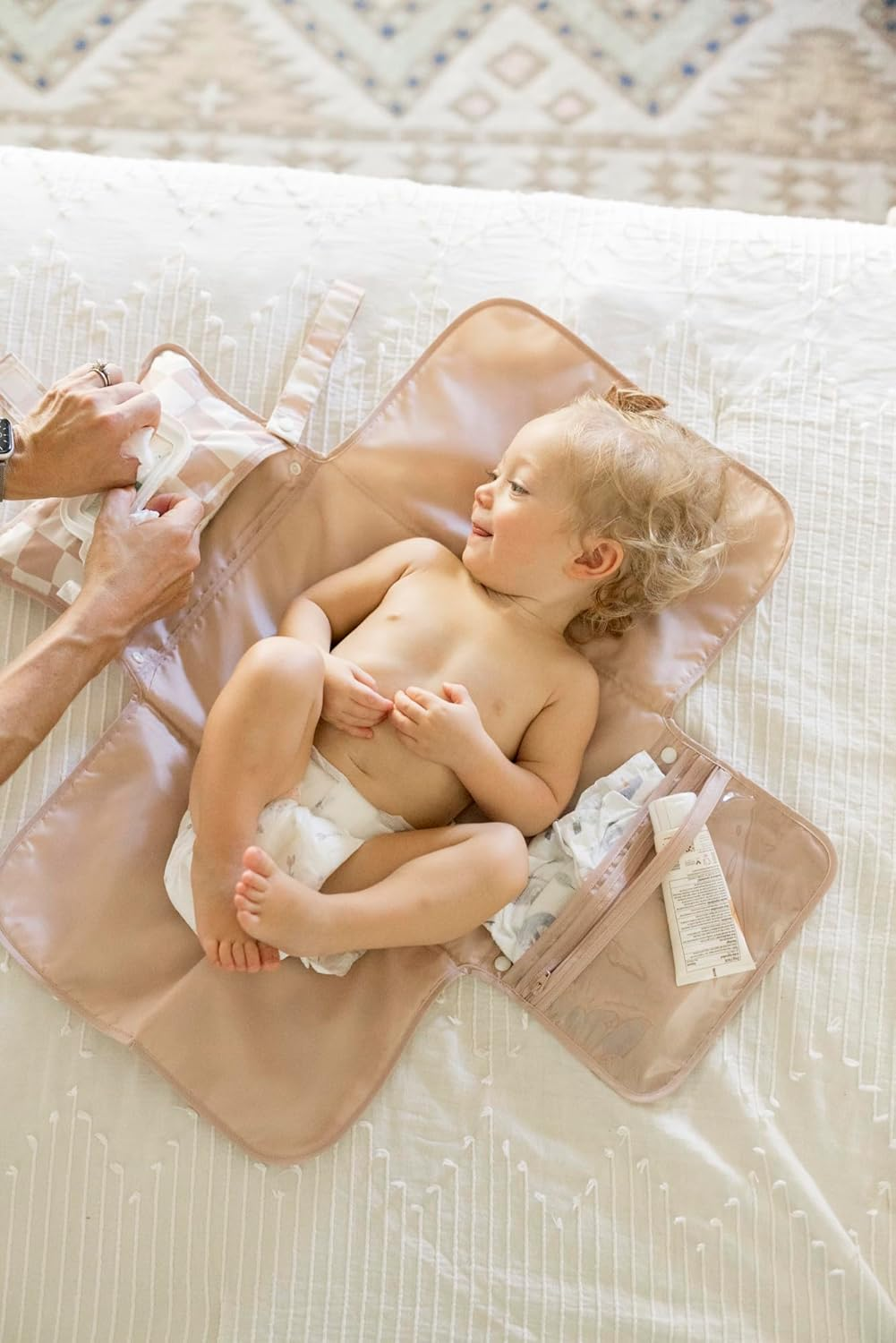 Tiny Twinkle Portable Diaper Changing Pad - Foldable Waterproof Diaper Changing Mat for Travel, Baby Changing Station with Smart Wipes Pocket & Storage (Beige Checkers) - Boho Rainbow image number 2