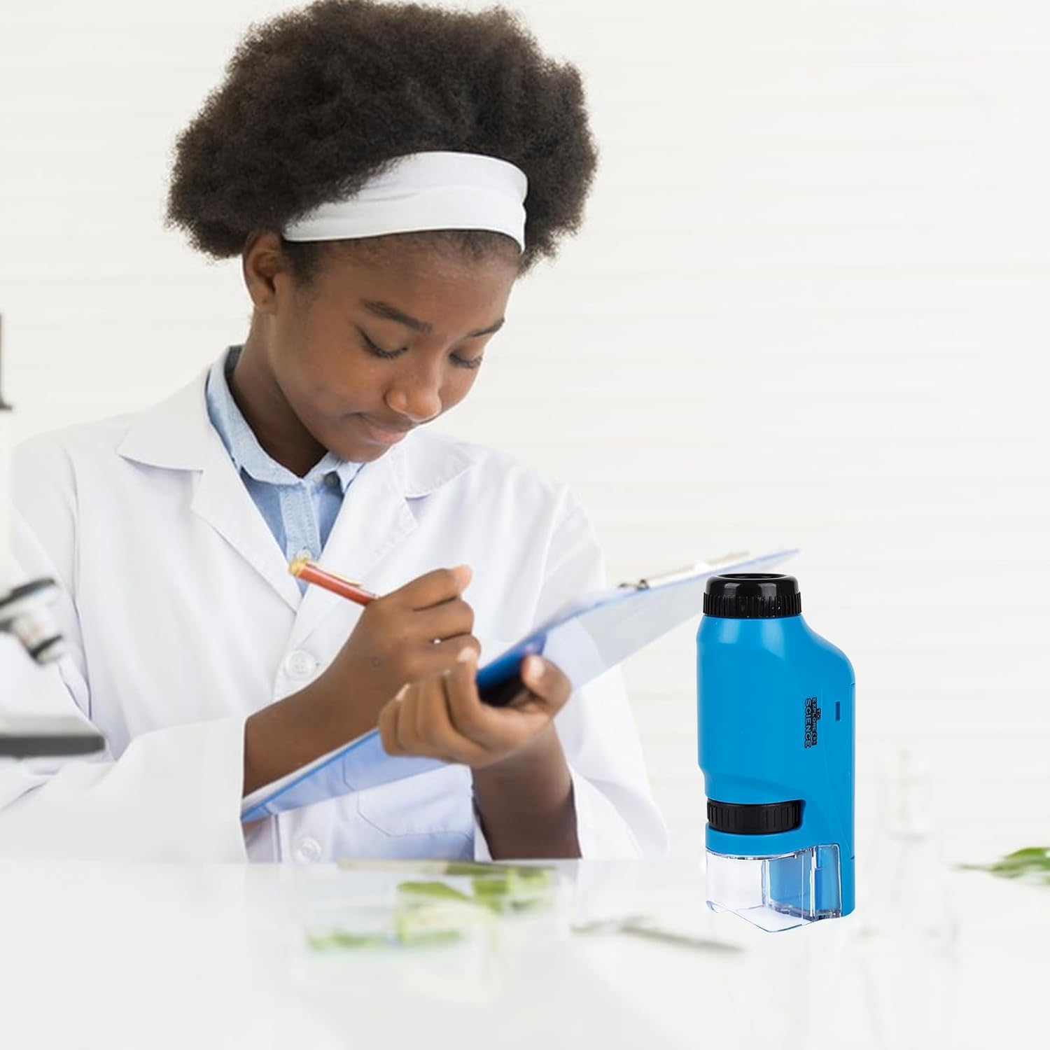 Pocket Microscope with 12Pcs Specimen, 60-120X Handheld Mini Microscope with LED Light, Electric Portable Mobile Microscope for Kids Students Microbiological Observation Learning (Blue) image number 1