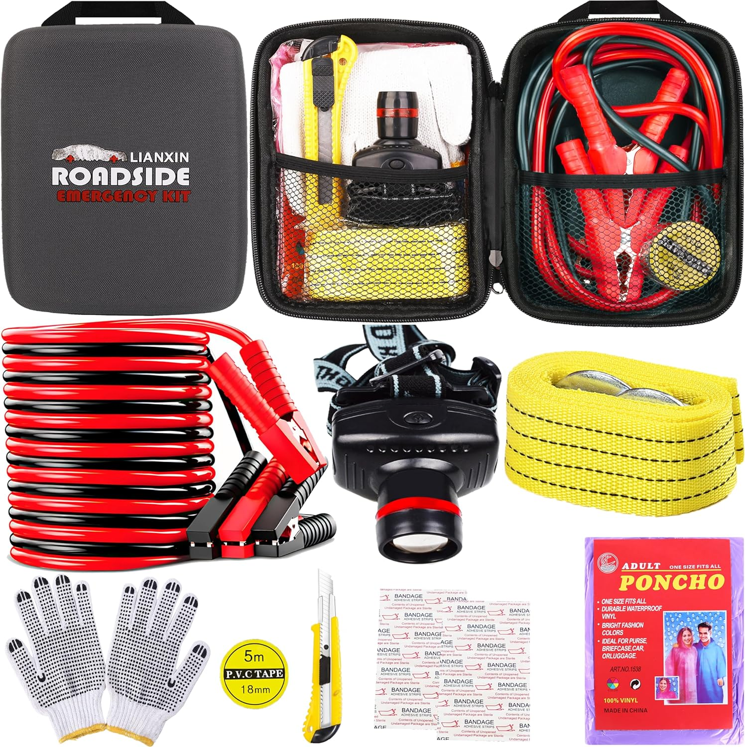 Roadside Assistance Emergency Kit Multipurpose Bag, Premium with Battery Jumper Cable Automotive Kit for Car,Vehicle, Truck or SUV for Men or Women, Black