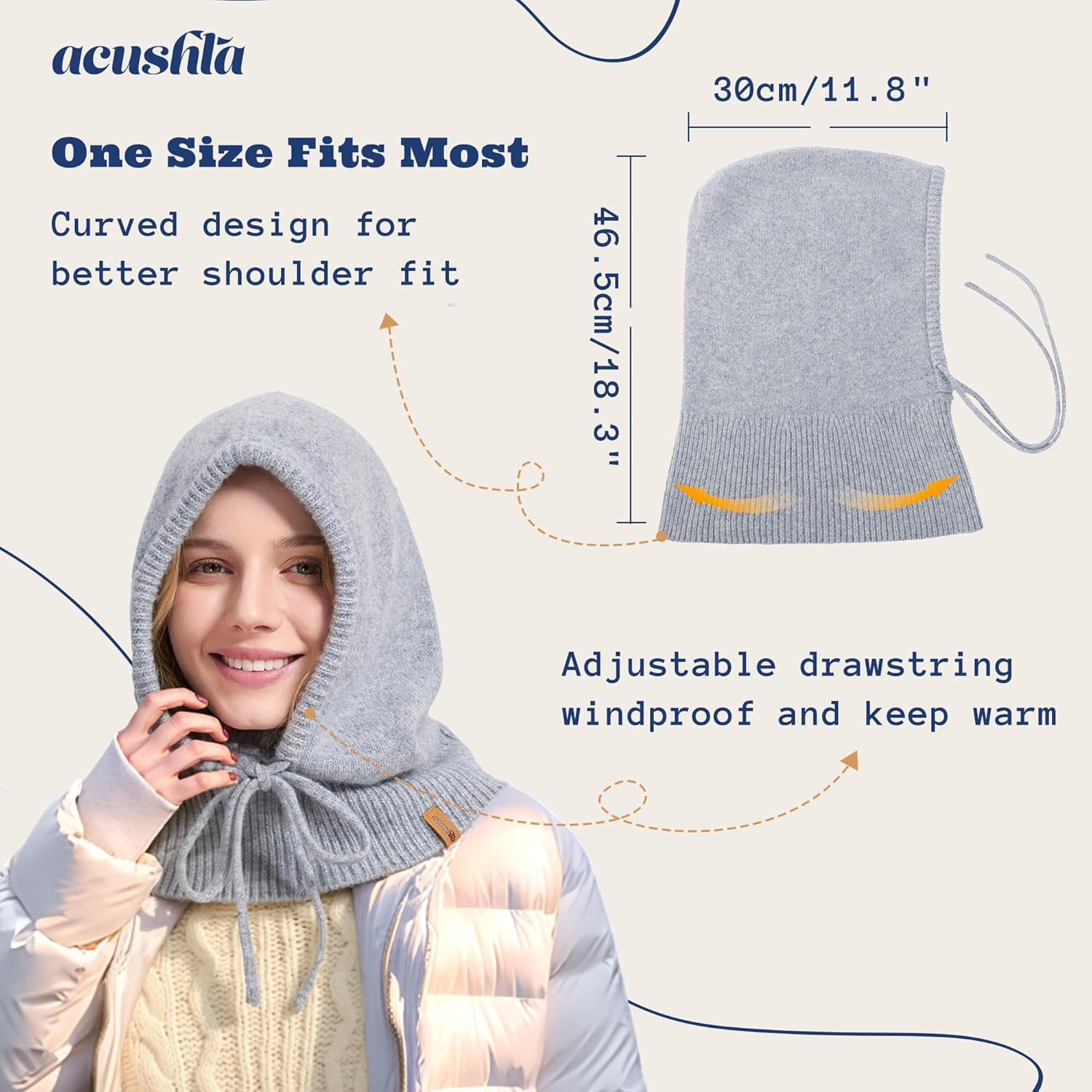 ACUSHLA 100% Merino Wool Balaclava for Women & Men Winter Warm Knit Hooded Scarf Hoodie Hat and Scarf Set in One - Coffee image number 4