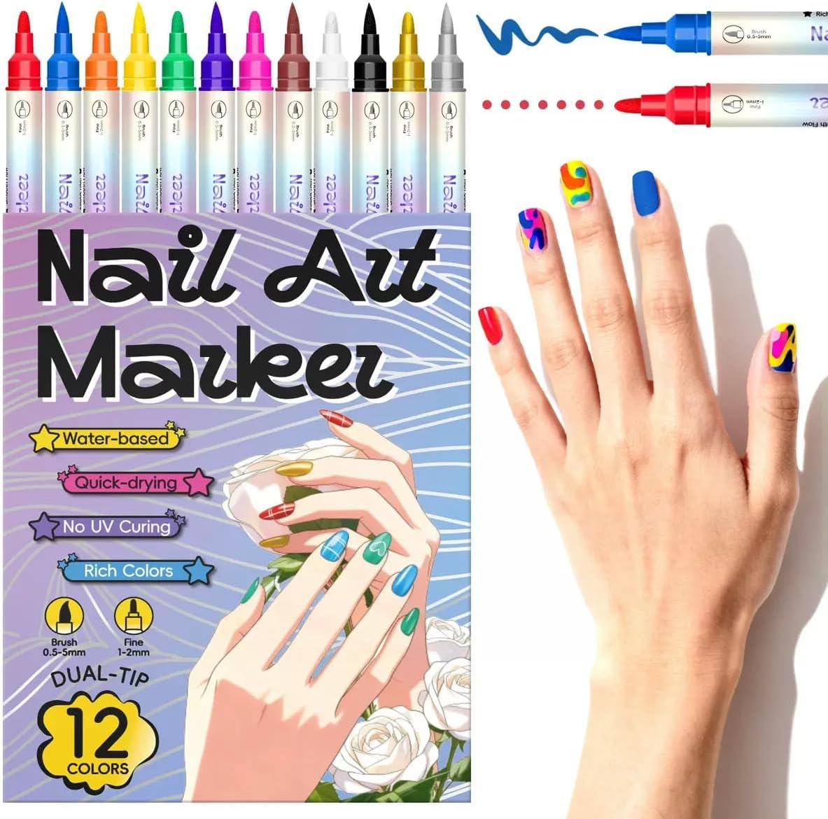 12 Colours Dual-Tip Nail Art Pens, No Shake Required Acrylic Paint Markers. 0.5Mm-5Mm Fine & Brush Tips for 3D DIY Manicure. Quick Dry, Waterproof Design Tools for Women & Beginners (No Clogging) image number 2