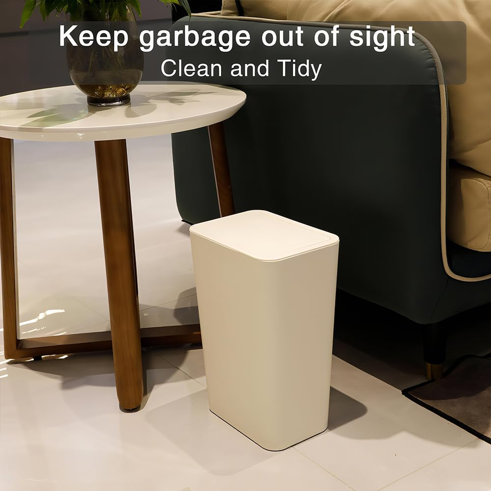 2 Pack Slim Space-Saving Trash Can with Press Top Lid, 12L Durable Plastic Garbage Bin for Kitchen, Bathroom, RV, Office, Small Container Wastebasket for Narrow Spaces (White) image number 1
