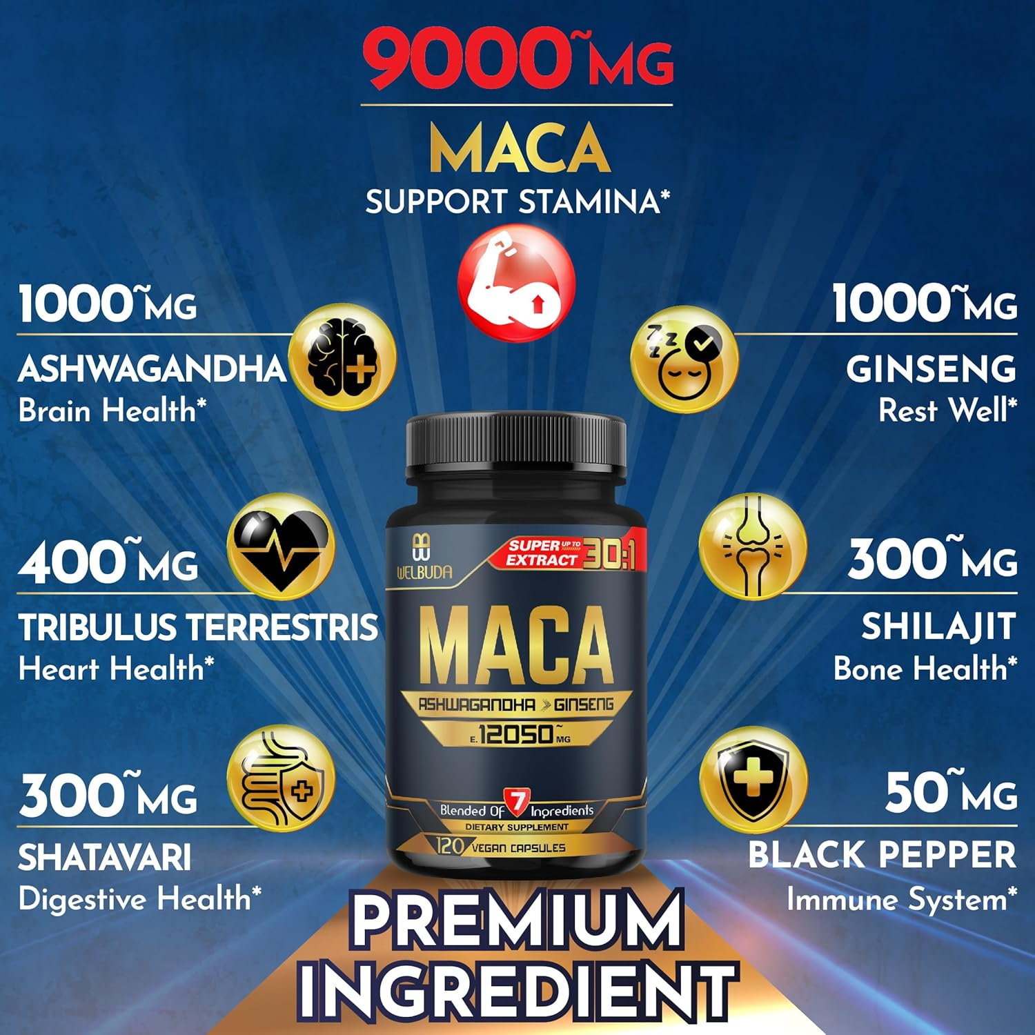 120 Capsules - 4 Month Supply - Maca Root Capsules 12050 Mg with Black + Red + Yellow Maca Root Extract Supplement - Mood, Energy, Body & Immune Support image number 1