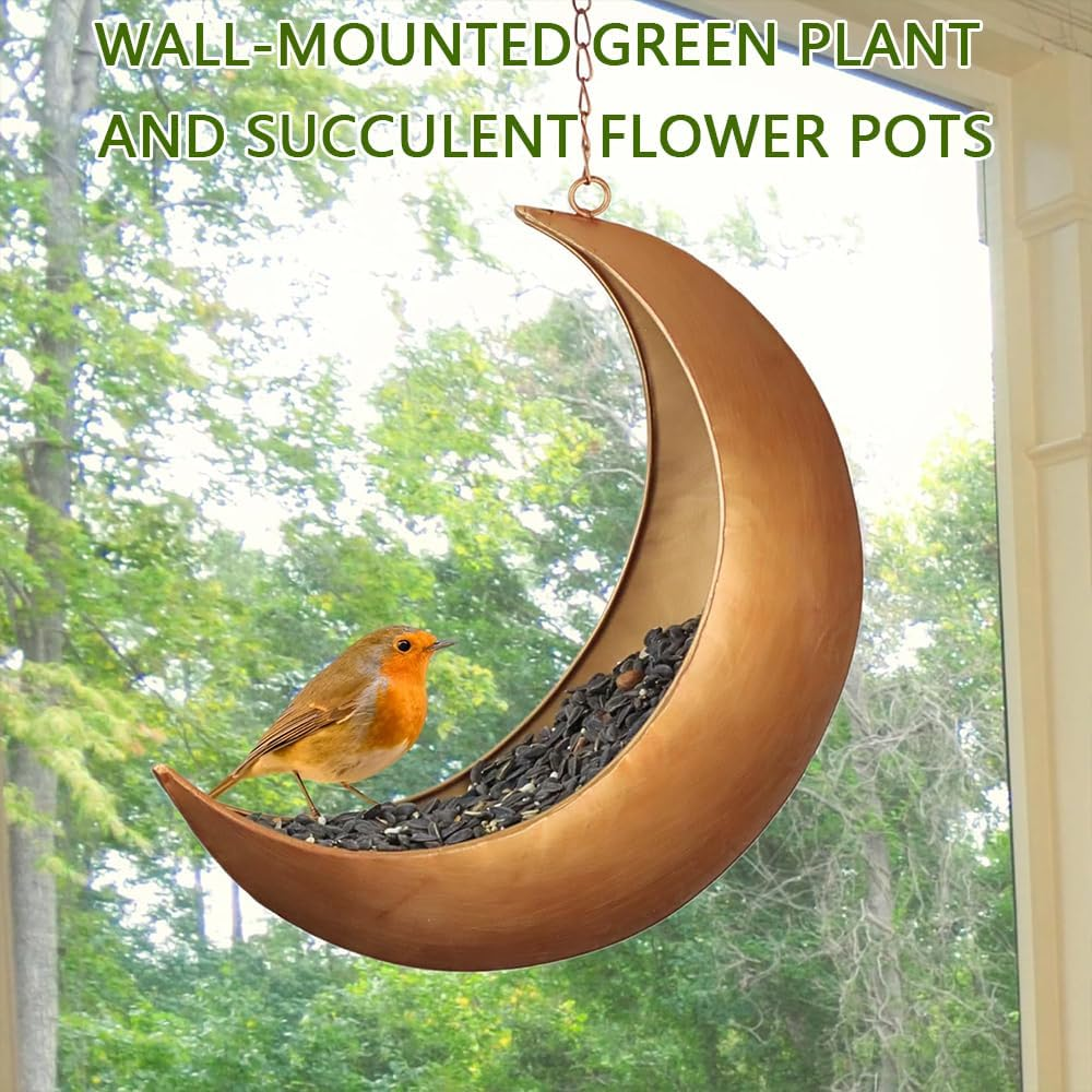 Hanging Crescent Moon Planter & Bird Feeder &ndash; Metal Hanging Decor with Drain Holes, Rust-Resistant Antique Gold Finish &ndash; Unique Moon Decor for Succulents, Air Plants, or Birdwatching image number 6