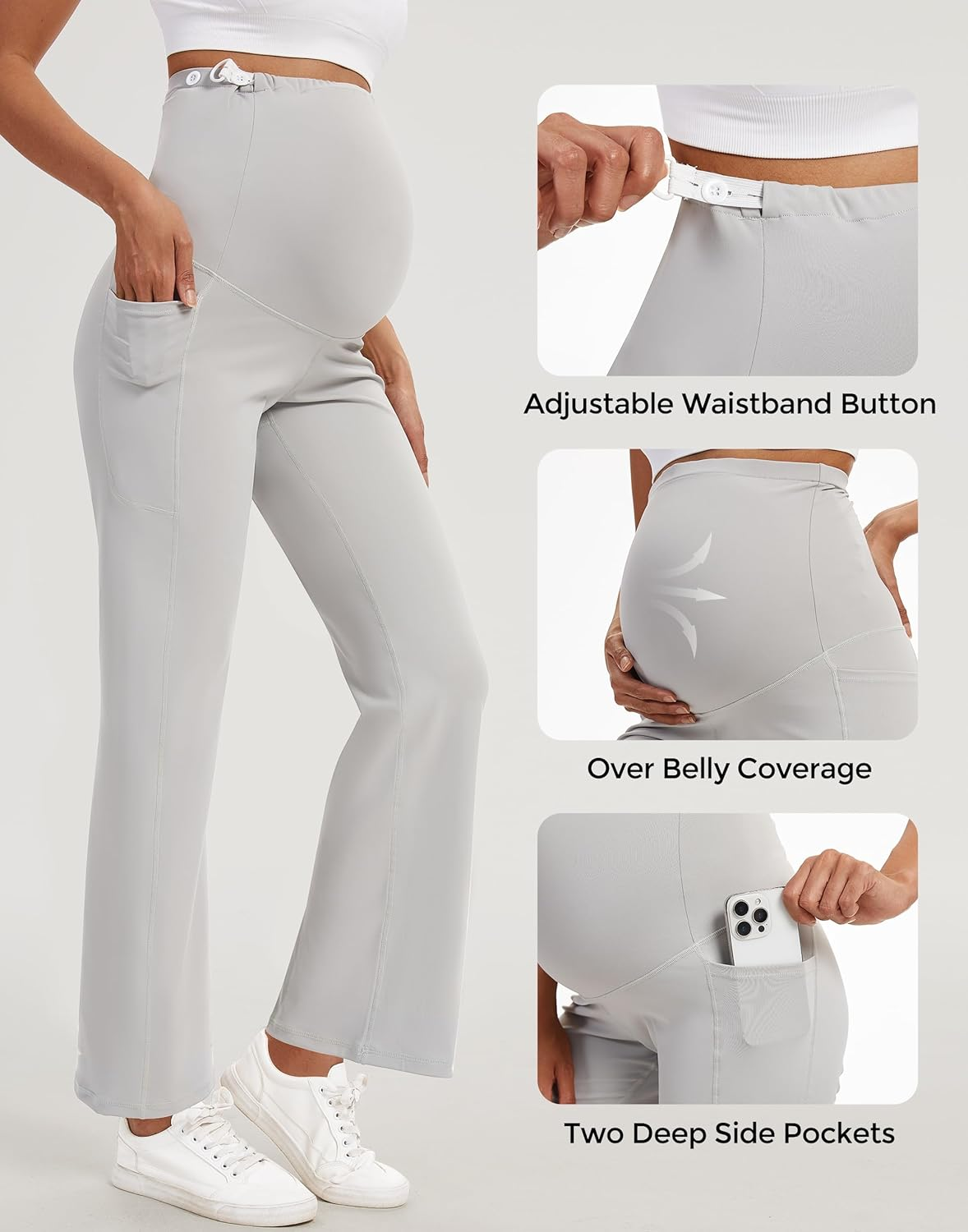 M MOTEEPI Maternity Yoga Pants over the Belly with Pockets - Stretchy Pregnancy Wide Leg Dress Trousers for Work Lounge image number 3