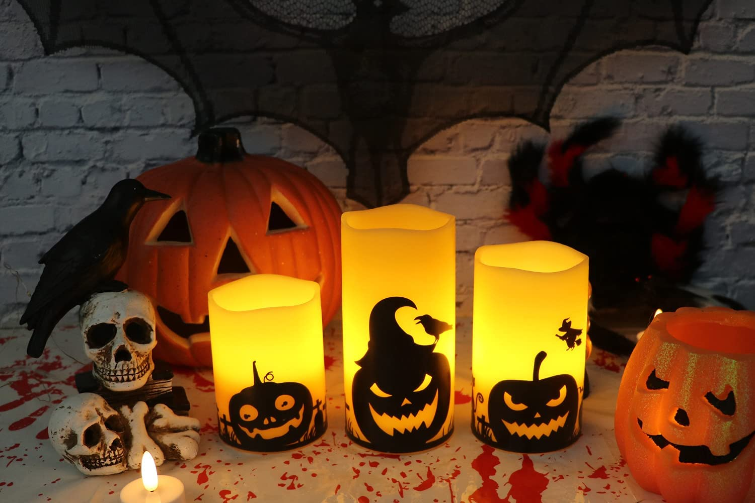 Eldnacele Halloween Flameless Candles, LED Flickering Battery Pillar Candles with 6H Timer and Pumpkin Decals, Spooky Fall Halloween Festival Party Decoration Set of 3 (D 3&rdquo; X H 4&rdquo; 5&rdquo; 6&rdquo;)