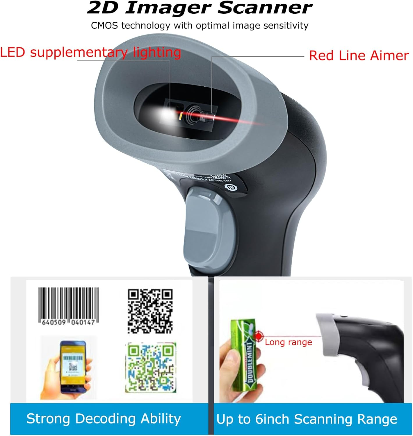 TEEMI 2D USB Barcode Scanner with Stand, 1D/QR Code Reader for Inventory, Handsfree Scanning Gun for Warehouse, Library, Supermarket &ndash; Supports Virtual COM Port image number 2