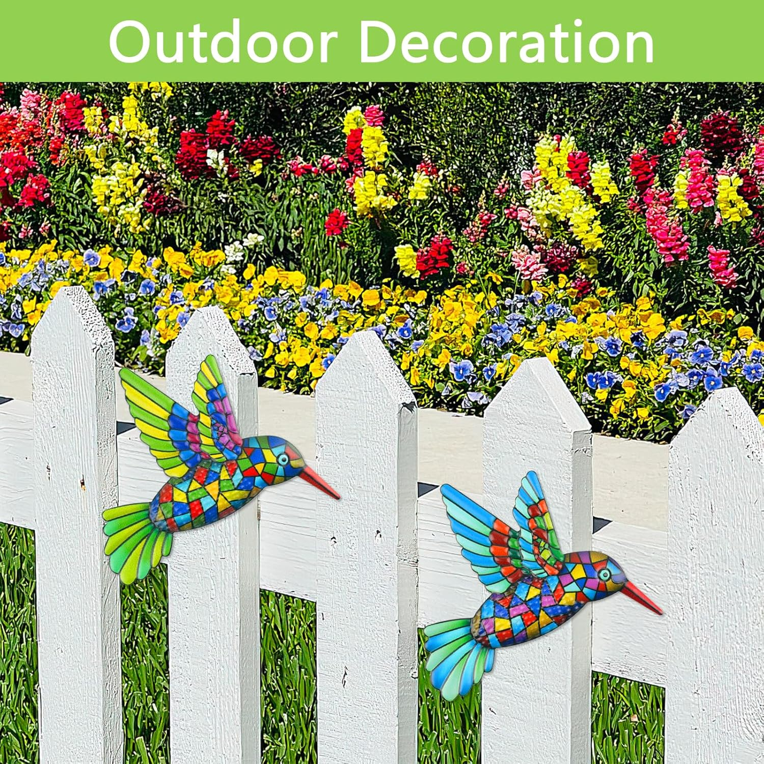2 Pcs Metal Hummingbird Garden Ornaments Outdoor,Wrought Iron Colorful Hummingbird Wall Decor for outside Garden Patio Fence Home Bedroom Hanging Decoration image number 4