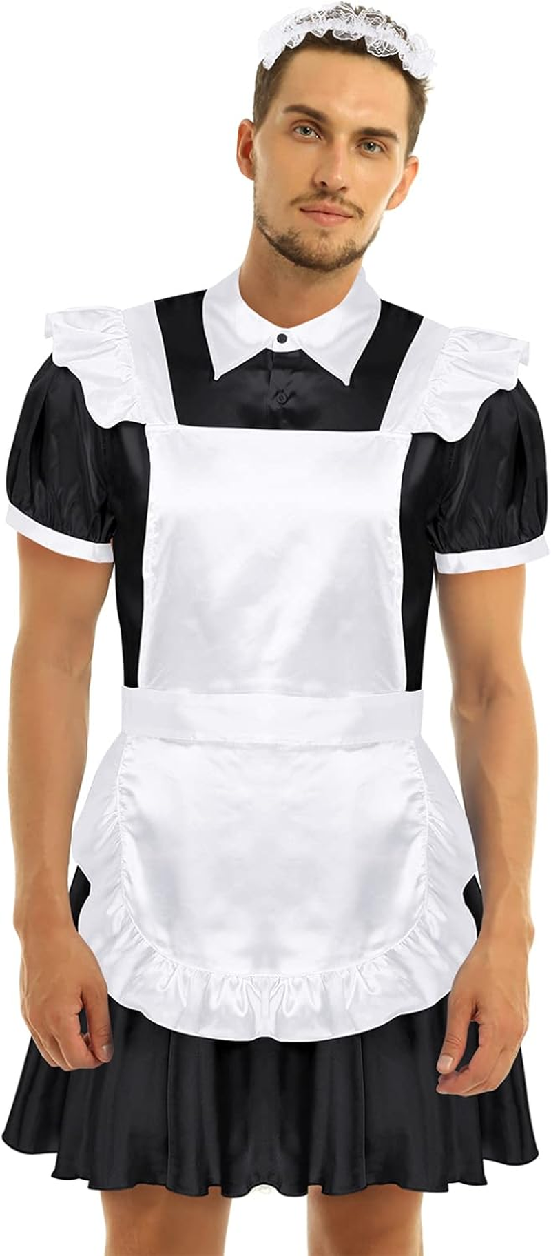 Yeahdor Men'S Short Sleeve Satin French Maid Uniform Crossdressing Sissy Lingerie Fancy Dress Outfits