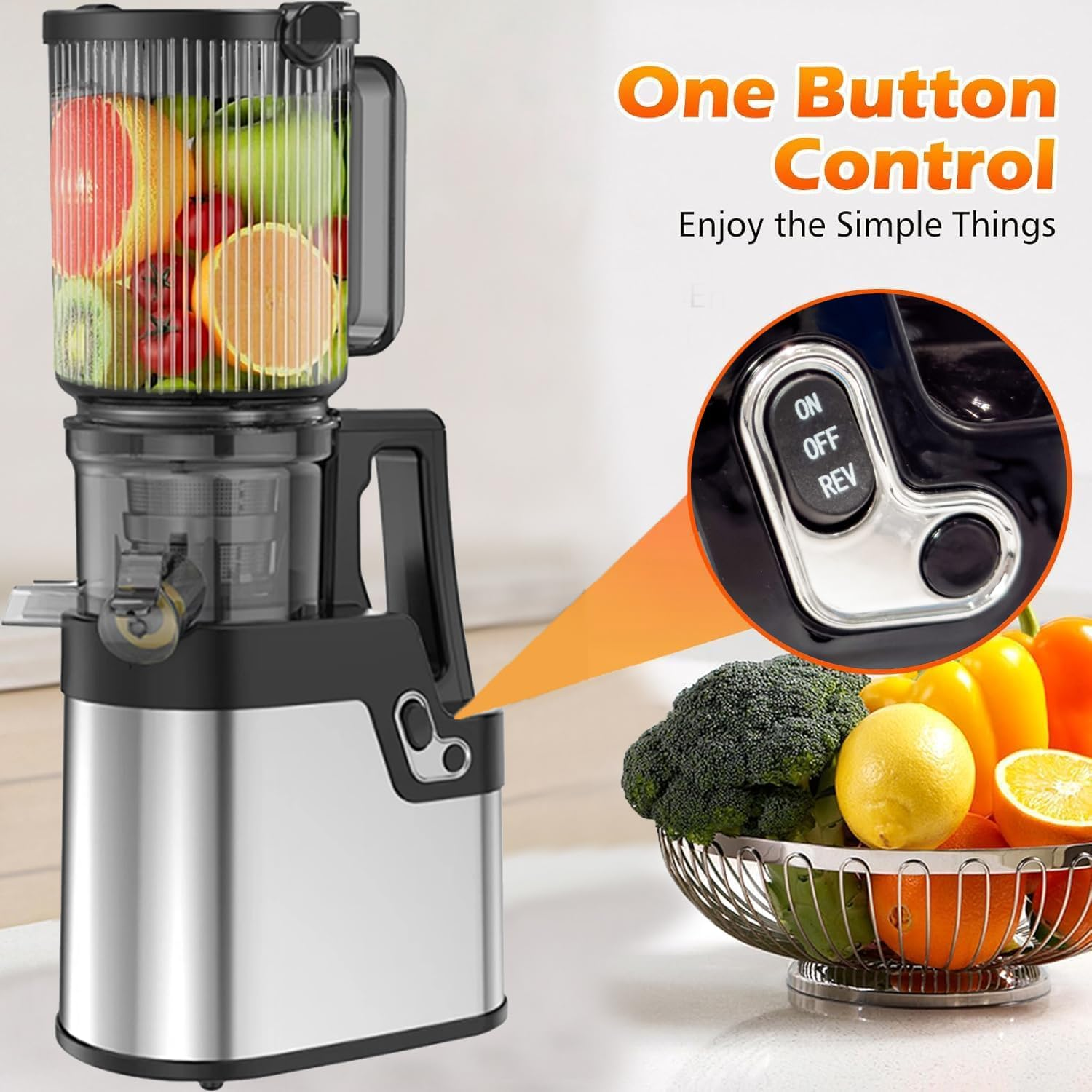 Cold Press Juicer, 250W Slow Masticating Juicer Machine with 10.5Cm/4.2" Wide Feed Chute, for Whole Fruits and Vegetables, High Juice Yield, Quiet Motor, Easy to Clean (Silver) - Red image number 3