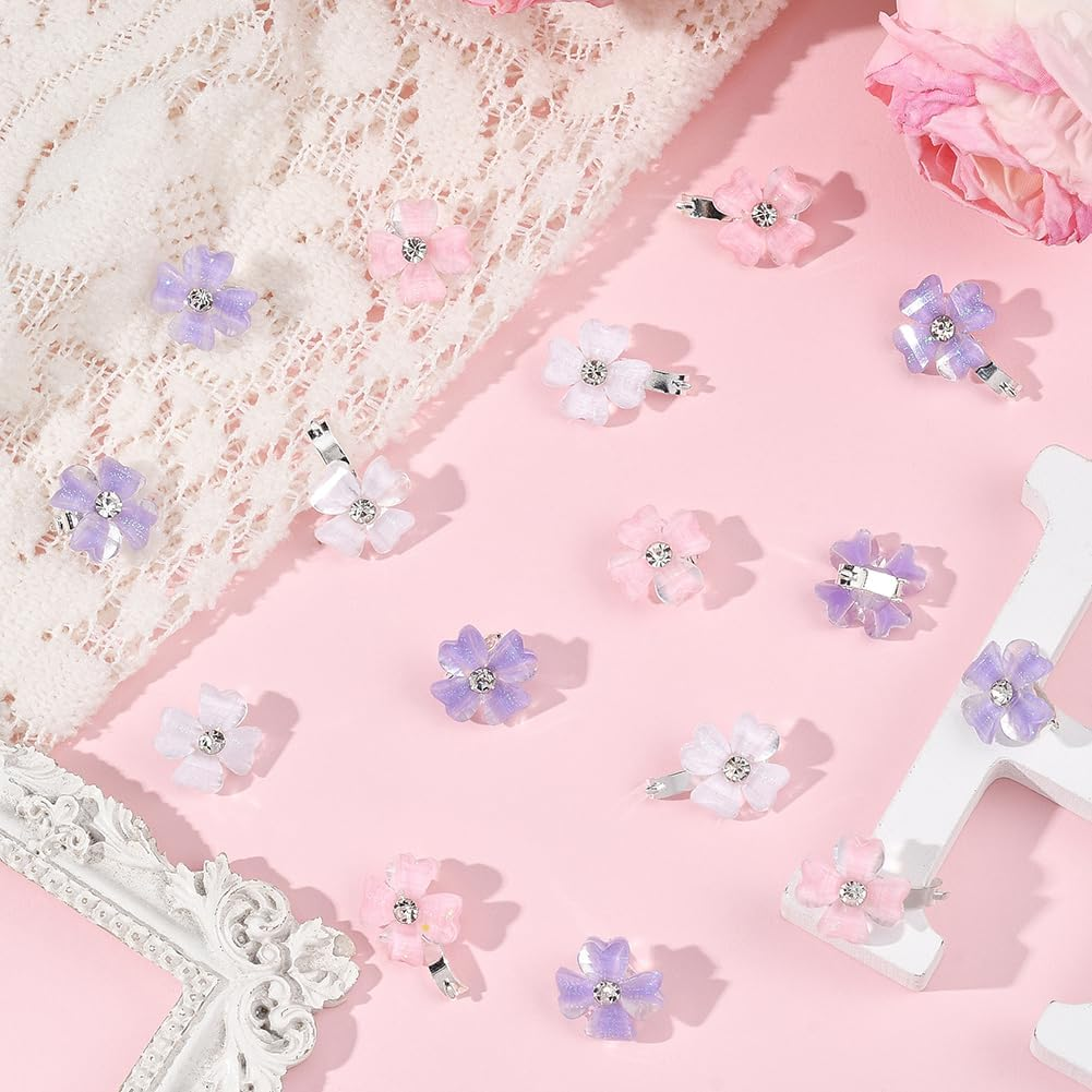 SUNNYCLUE 1 Box 30Pcs 3 Colors Four Leaf Clover Hairclip Lucky Hair Pin Mini Resin with Rhinestone White Pink Purple Shiny Hair Clips for Barrettes Braid Decorative Accessories Women Costume Party image number 1