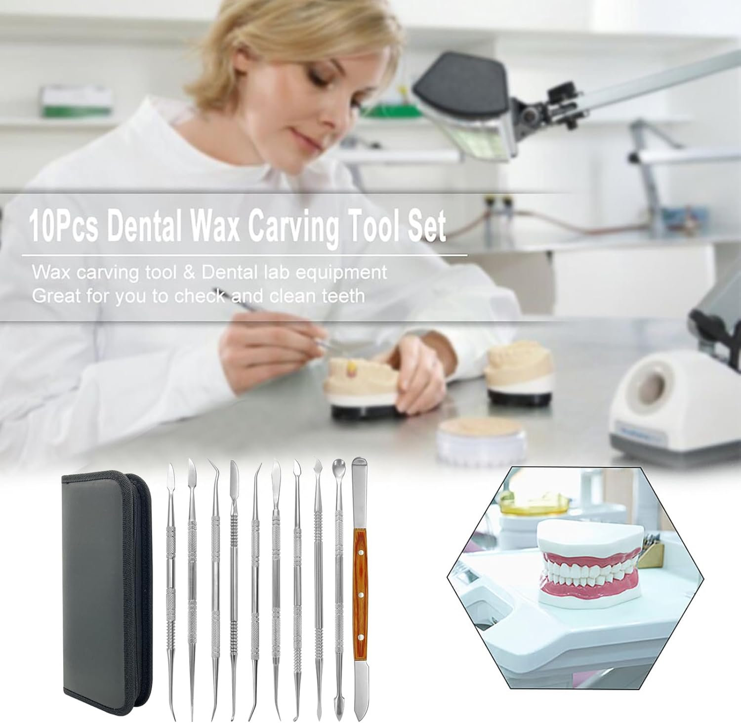 LAPOOH 10PCS Wax Carving Tool Set Stainless Steel Dental Instrument Versatile Kit Dental Lab Equipment Dental Tool Set with PU Holder Case image number 3