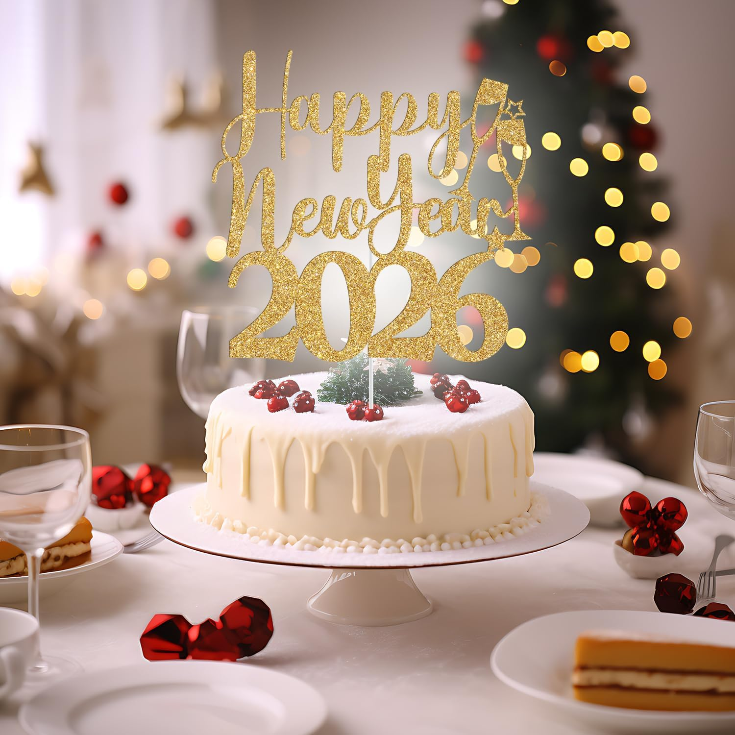Happy New Year 2025 Cake Topper, Happy New Year Cake Decorations, Welcome 2025, Hello 2025, Christmas Holiday New Years Eve Party Decorations, Gold Glitter - Rose Gold Glitter image number 6