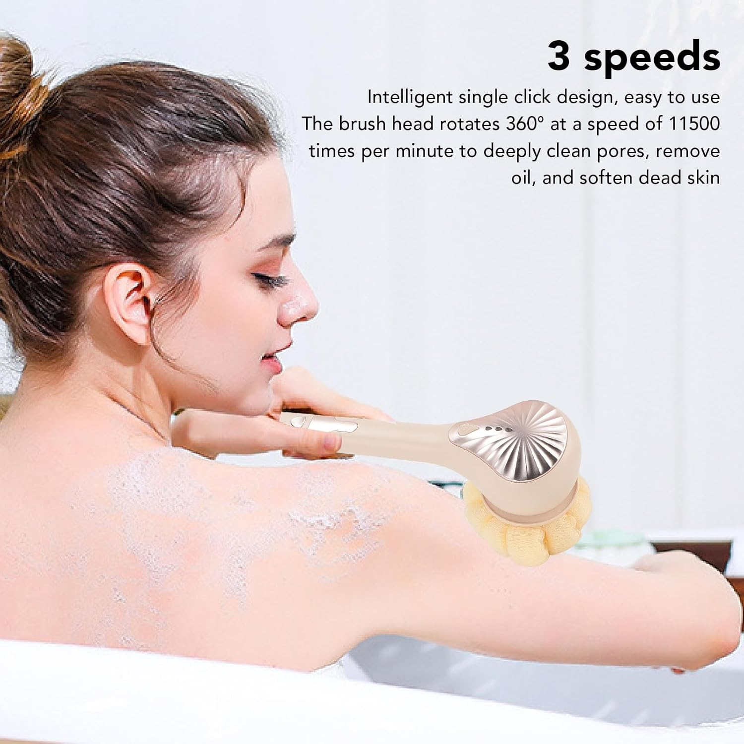 Pyhodi Electric Body Brush, 6 Brush Heads 3 Speeds Detachable Handle IPX6 Rechargeable Shower Back Scrubber for Sensitive, Normal, and Oily Skin Types with 360&deg; Rotation and 60 Minutes (Yellow) - Yellow image number 4