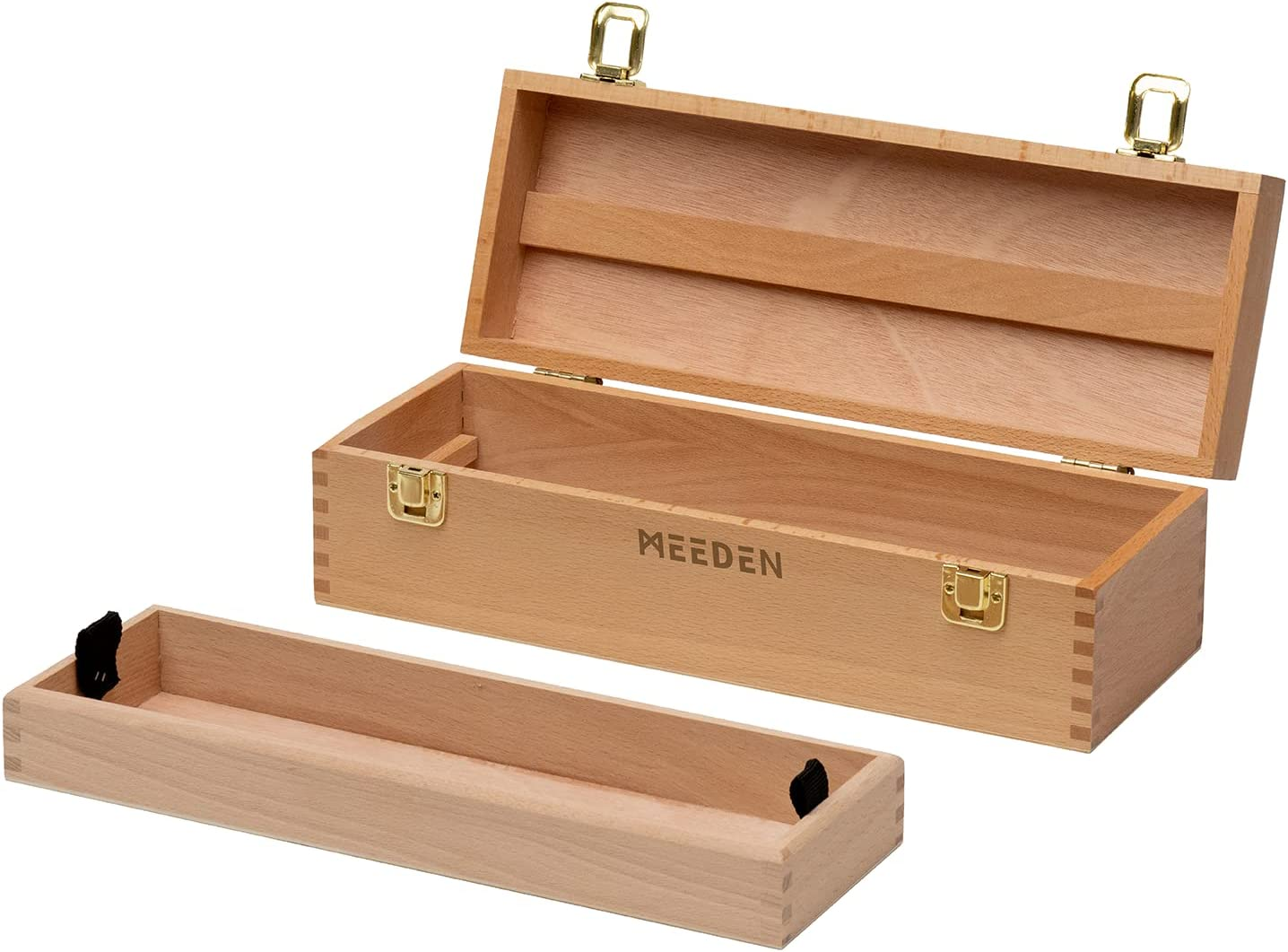 MEEDEN Medium Art Supply Storage Box - Multi-Function Solid Beech Wooden Chest/Art Tool Box with Lift Out Trays for Paint Brush, Pencil, Pastel, and More Art Supplies 14-1/5"W &times; 5-1/8"D &times; 4-1/3"H
