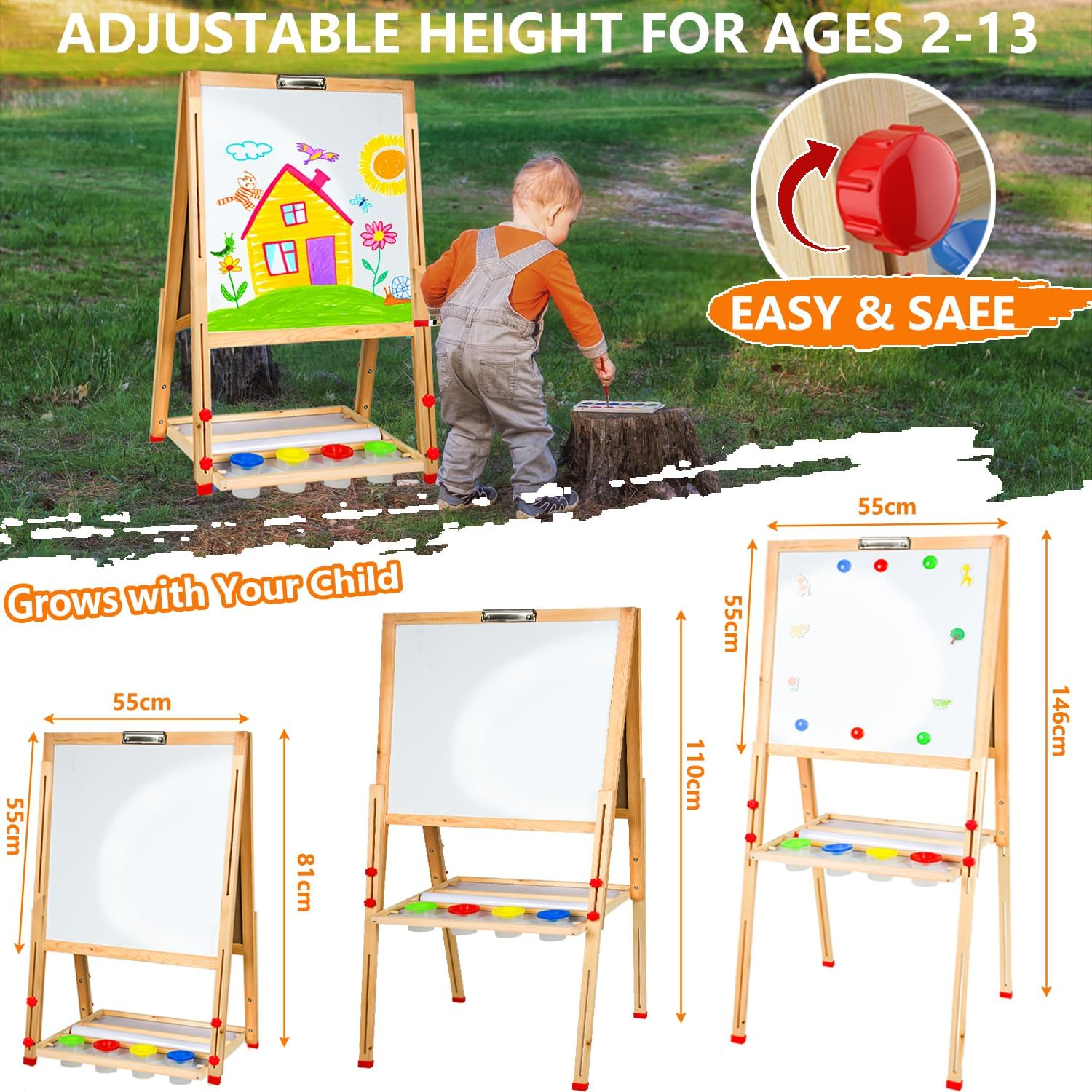 Double Sided Art Easel for Kids Easel with Magnetic Whiteboard & Chalkboard, Adjustable （80Cm-146Cm ,55*55Cm）Standing Wooden Children'S Painting Easel with Paper Roll for Toddlers 2-8 Years Art Easel image number 2