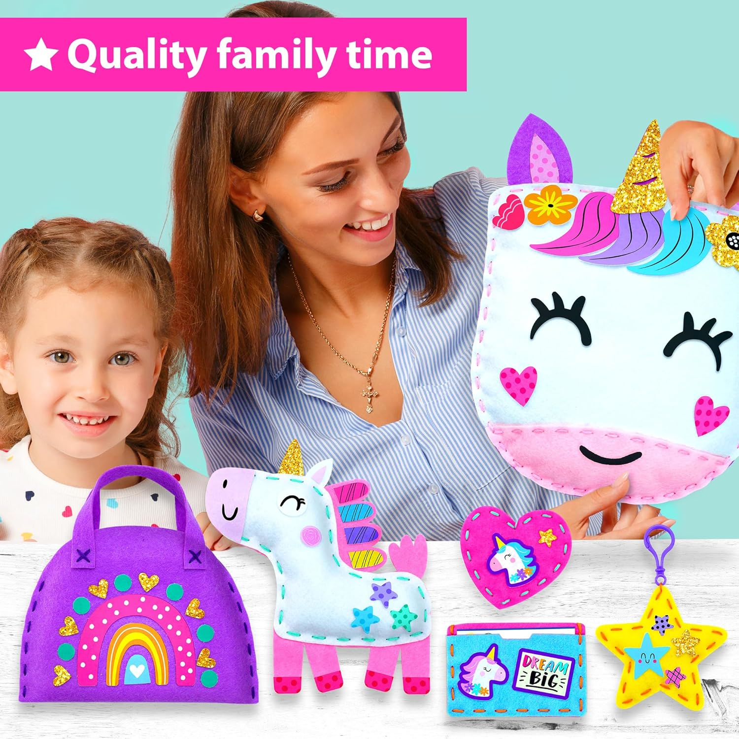 KRAFUN My First Unicorn Kids Sewing Kit, Beginner Arts & Crafts, Make 5 Cute Projects with Plush Stuffed Animal, Pillow, Mobile, Keyring and Bag, Instructions & Felt for Learn Sewing, Embroidery