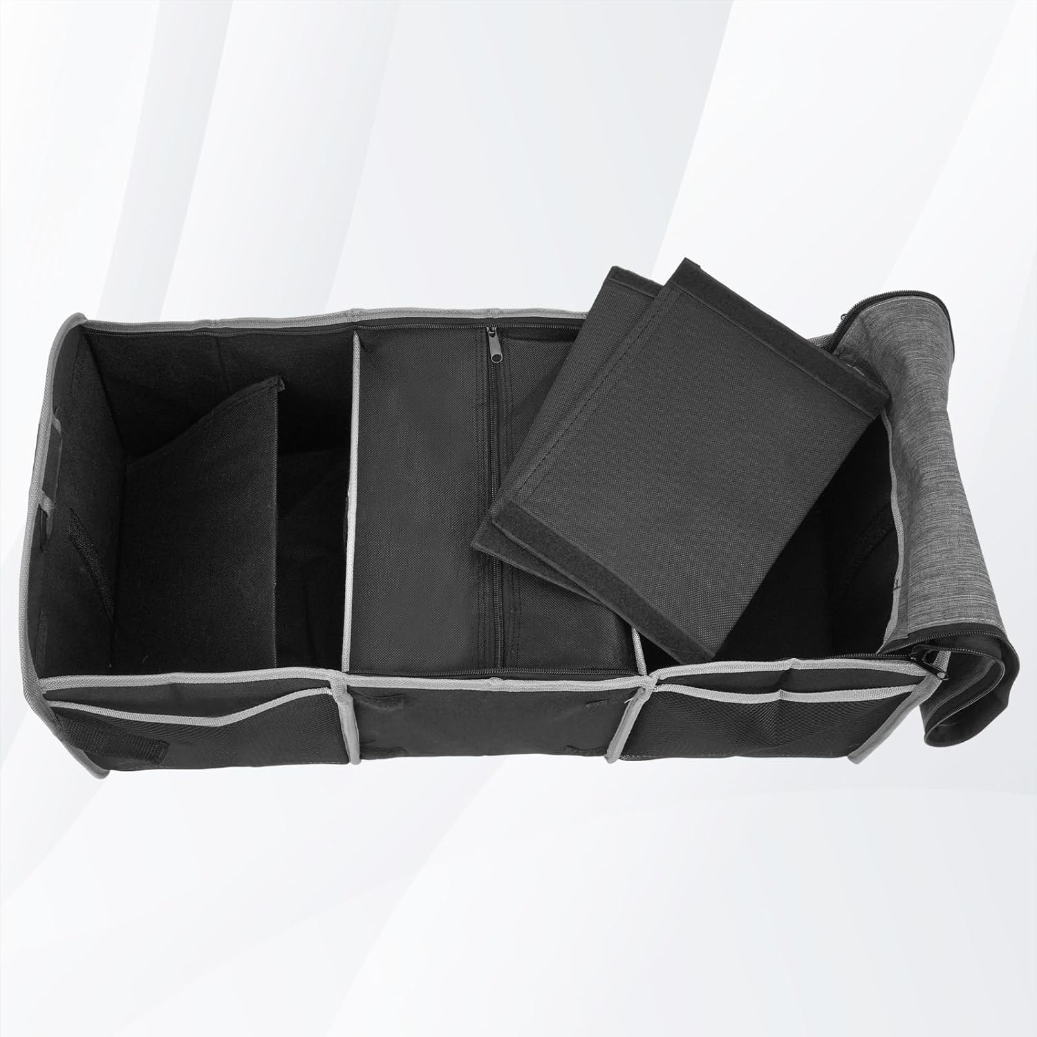 Car Boot Organiser with Lid, Collapsible Cargo Trunk Storage with Build-In Insulated Cooler Bag, 600D Oxford Polyester Suv/Sedan Organizer Car Accessories for Women Men (3 Compartments, Black) image number 5