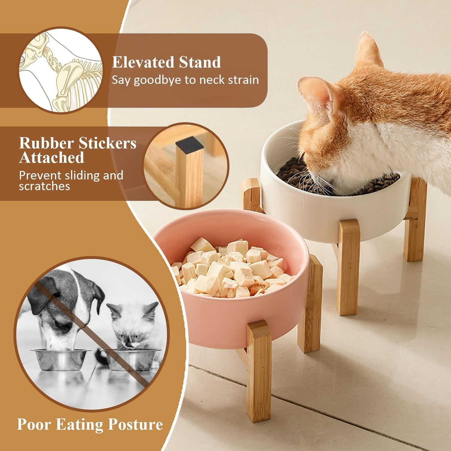 Elevated Ceramic Dog Bowl - PRENDIEEN Raised Dog Bowls with Non-Slip Bamboo Stand - Dog Food and Water Bowl - Dog Feeding Bowls - Pet Dishes for Cats and Small Dogs - 16 OZ - 480 ML (Yellow, Small) image number 4