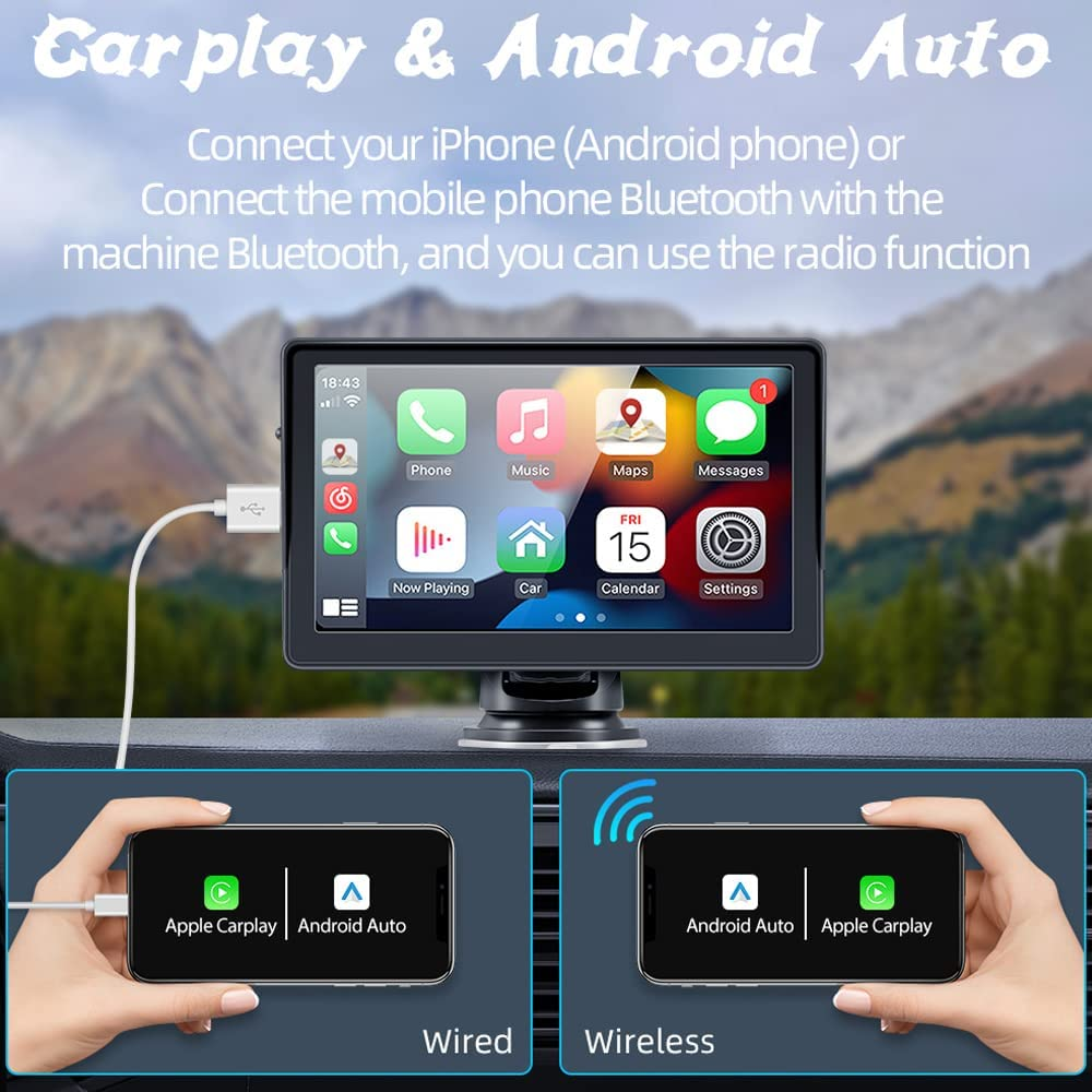 Portable Wireless Apple Carplayer & Android Auto 7 Inch Car Monitor Radio for All Cars Dashboard Mounted Car Stereo Support Bluetooth 5.0 Mirror Link FM Transmitter USB TF Rear View Camera image number 2