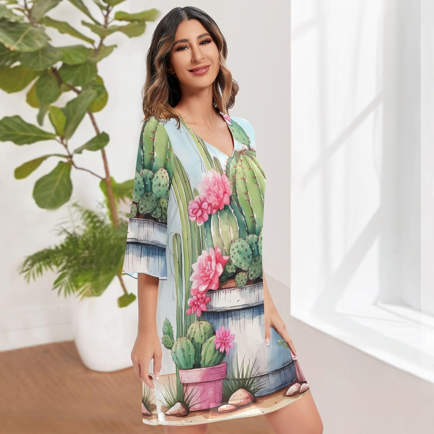 Cactus Flowers Chiffon V Neck Dress Printed Line Maternity Dress S-XXL image number 4