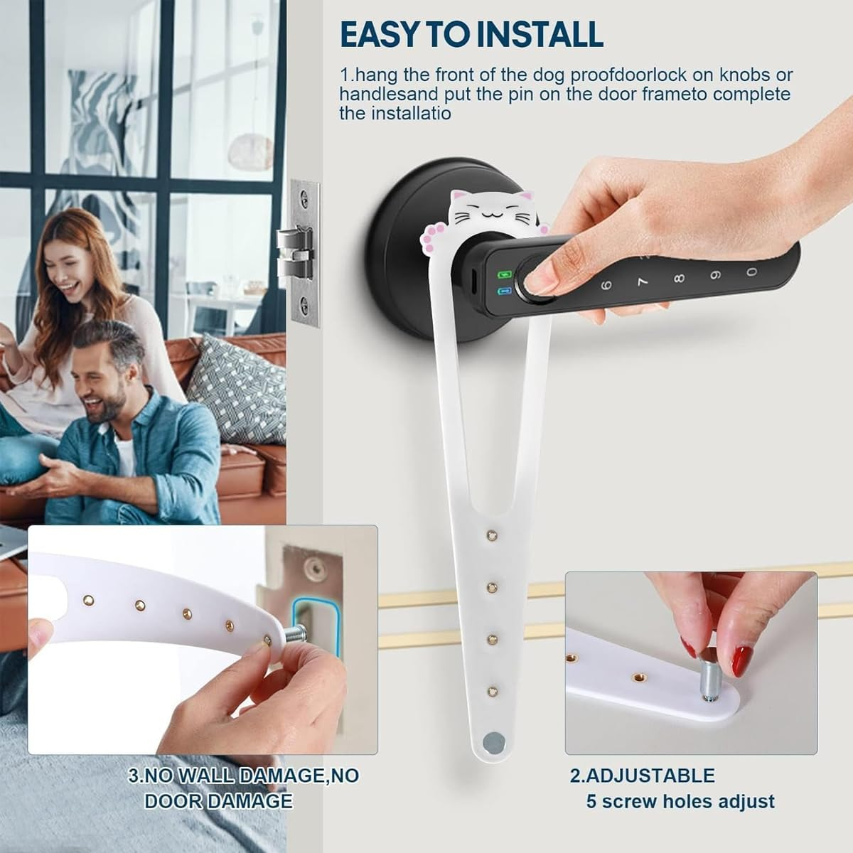 2 PCS Adjustable Pet Door Latch, Room Door Lock to Prevent Dogs from Entering, Easy Installation Cat Door Stopper with Elastic Strap, Allows Cats Free Access, Durable and Damage-Free Design - Black-2Pcs image number 2