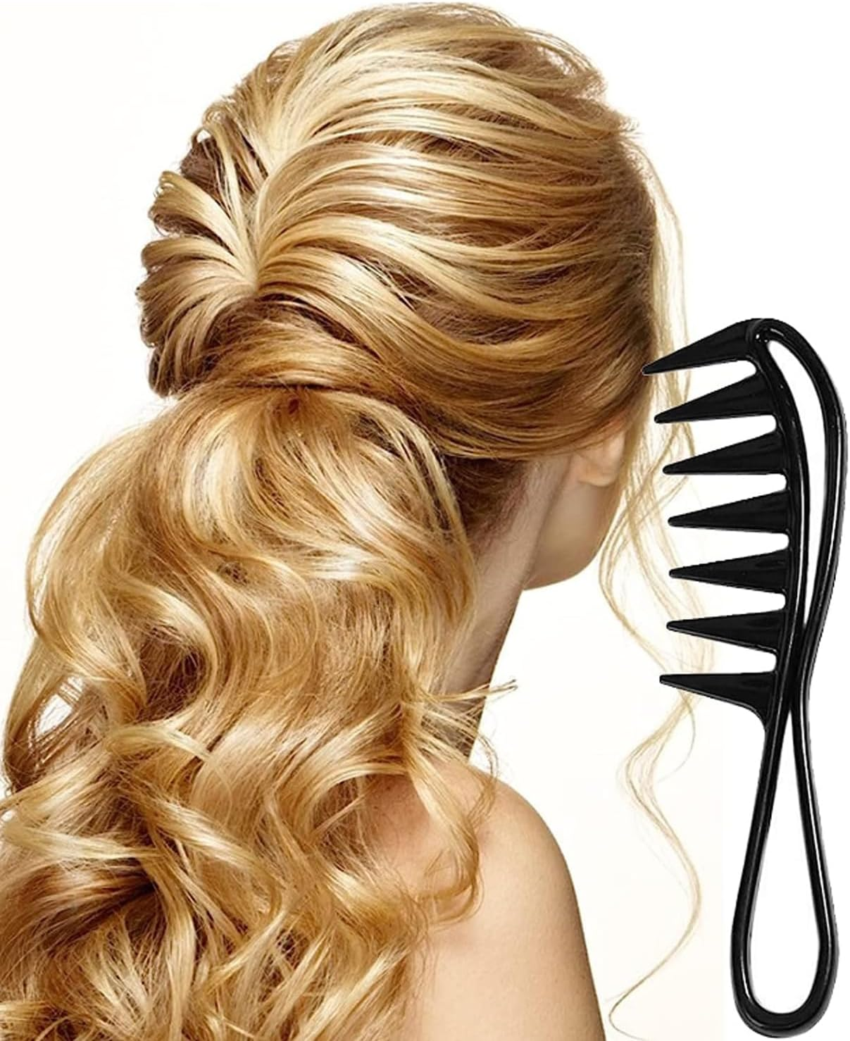 Neoreser 2 Pieces Wide Tooth Comb with Handle Shark Tooth Combs Wide Curly Comb Comb Comb for All Types of Different Hair Types (Black)