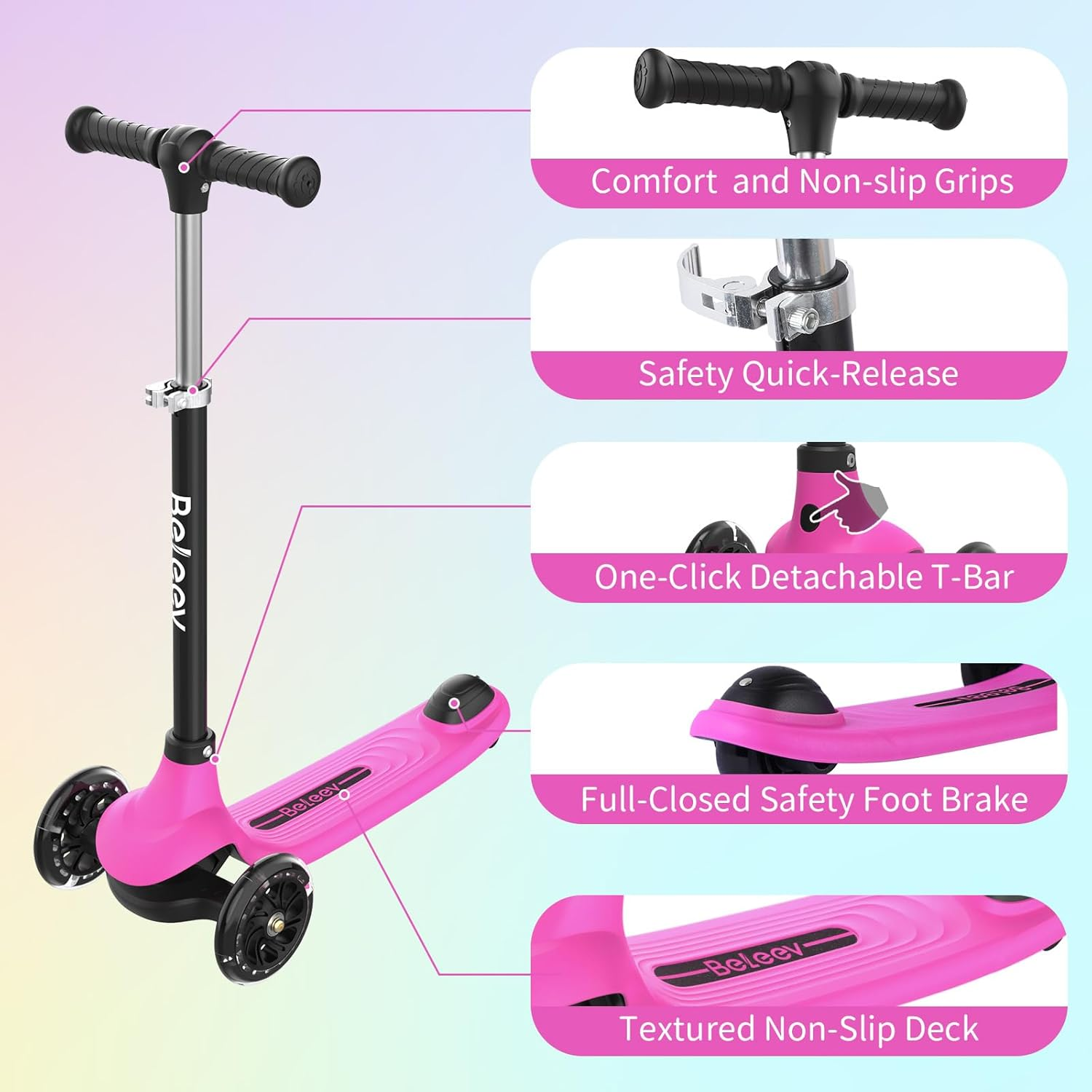 BELEEV A6 Kids Scooter with Light-Up Wheels & Deck, 3 Wheel Scooters for Girls Boys Ages 3-8, 4 Adjustable Height, Lean to Steer, Non-Slip Deck, Toddler Scooter for Children image number 2