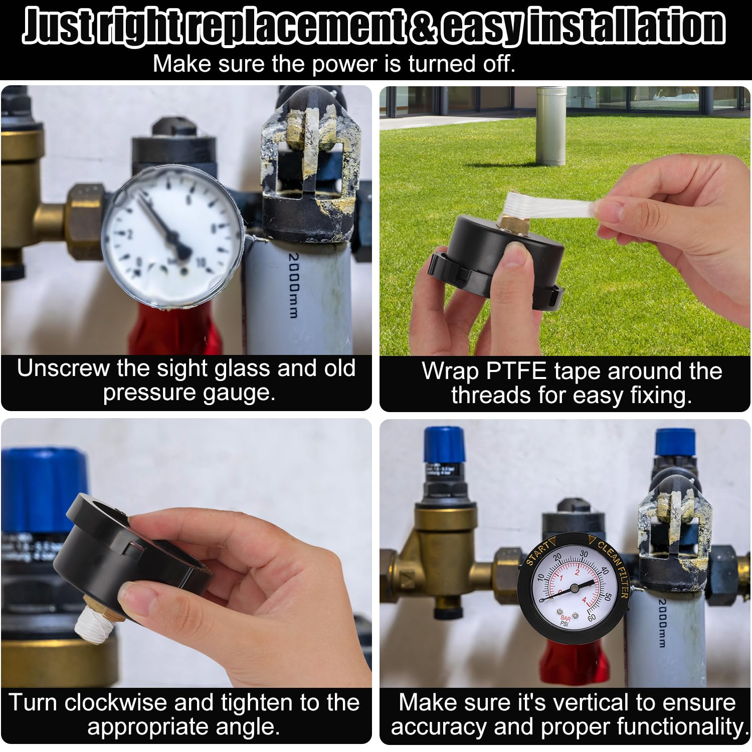 0-60PSI Pool Filter Pressure Gauge, 1/4 NPT Back Mount Waterproof Clean Sand Filter Indicator Water Pressure Gauge Replacement Parts Accessories for Swimming Pool Pumps Spa Aquarium Pressure Testing image number 3