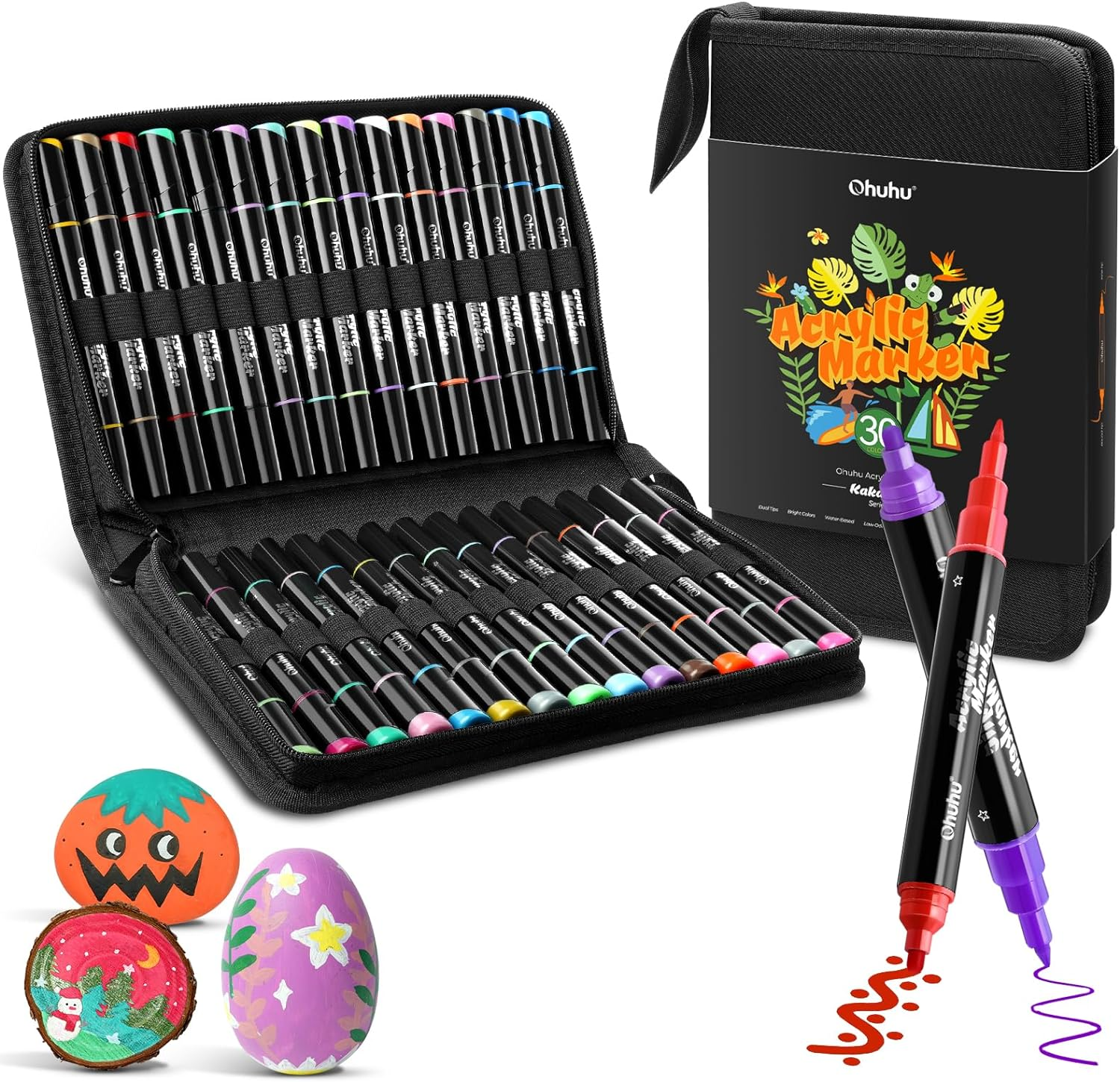 Ohuhu 30 Colors Acrylic Paint Pens : Dual Tip (Round & Fine) Acrylic Paint Markers for Easter Eggs Rock Painting Waterproof High Opacity Paint Pens Wood Glass Acrylic Markers image number 1