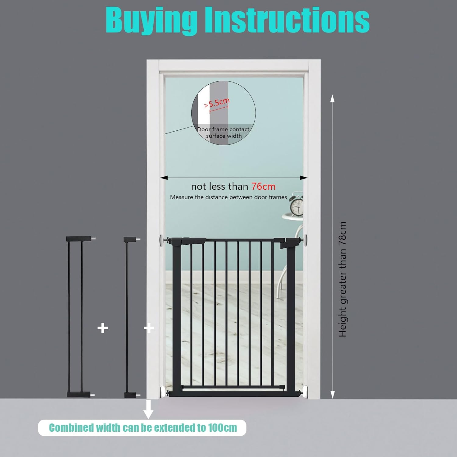 Extra Wide Dog Gate for Indoor Doorways, Auto-Close Safety Baby Gate with Door, Pressure Mount No-Drill Metal Gate for Baby Indoor Baby Fence Stair Gate for Dogs (78Cm Tall, Fits Openings 76-107Cm) image number 1