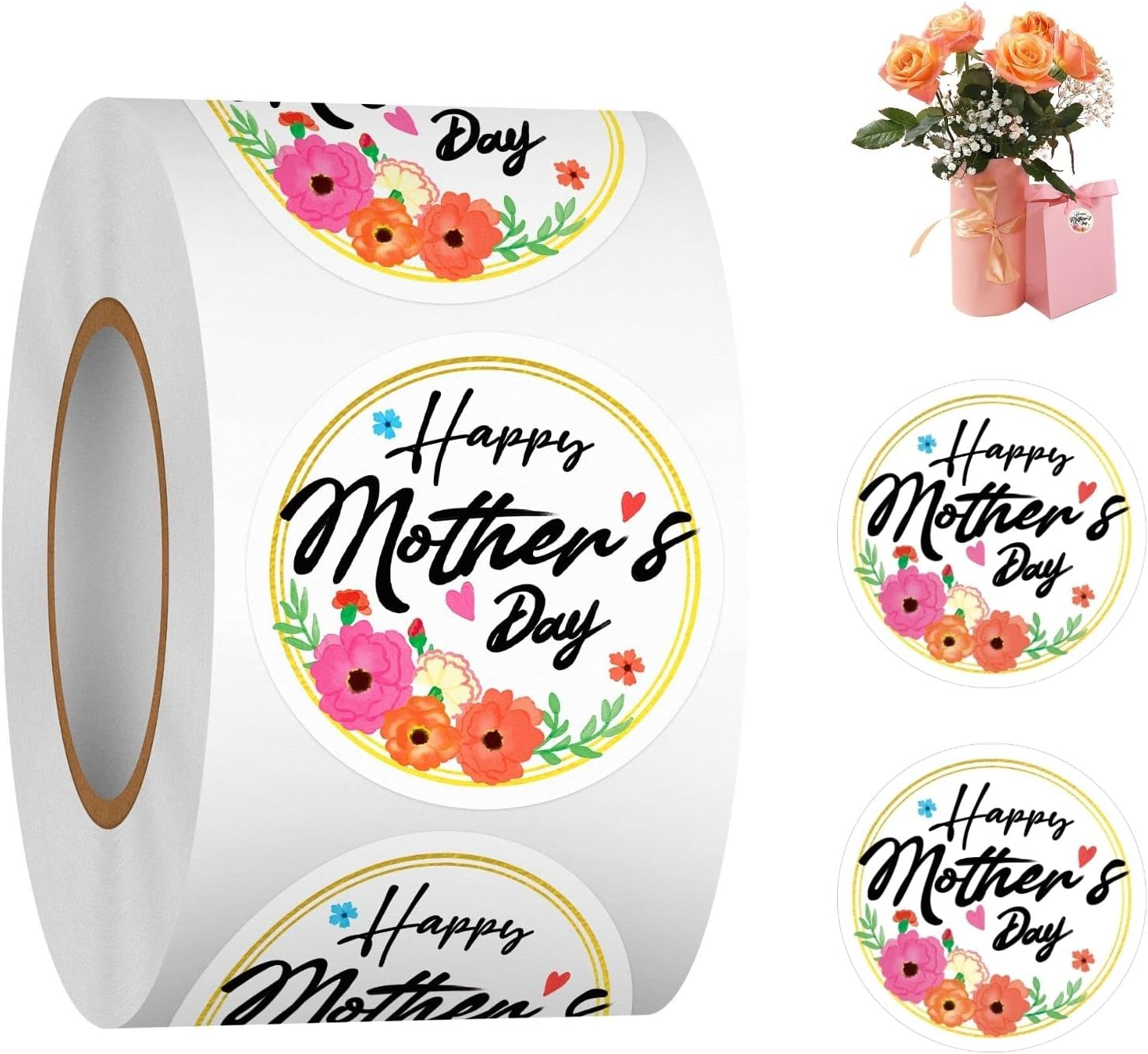 Happy Mother'S Day Label Stickers Roll，1.5 Inch 500 Pcs Love Heart Mothers Day Stickers, Gift Tag Stickers for Envelope Seals Party Gift Favors Box Cards Decorations