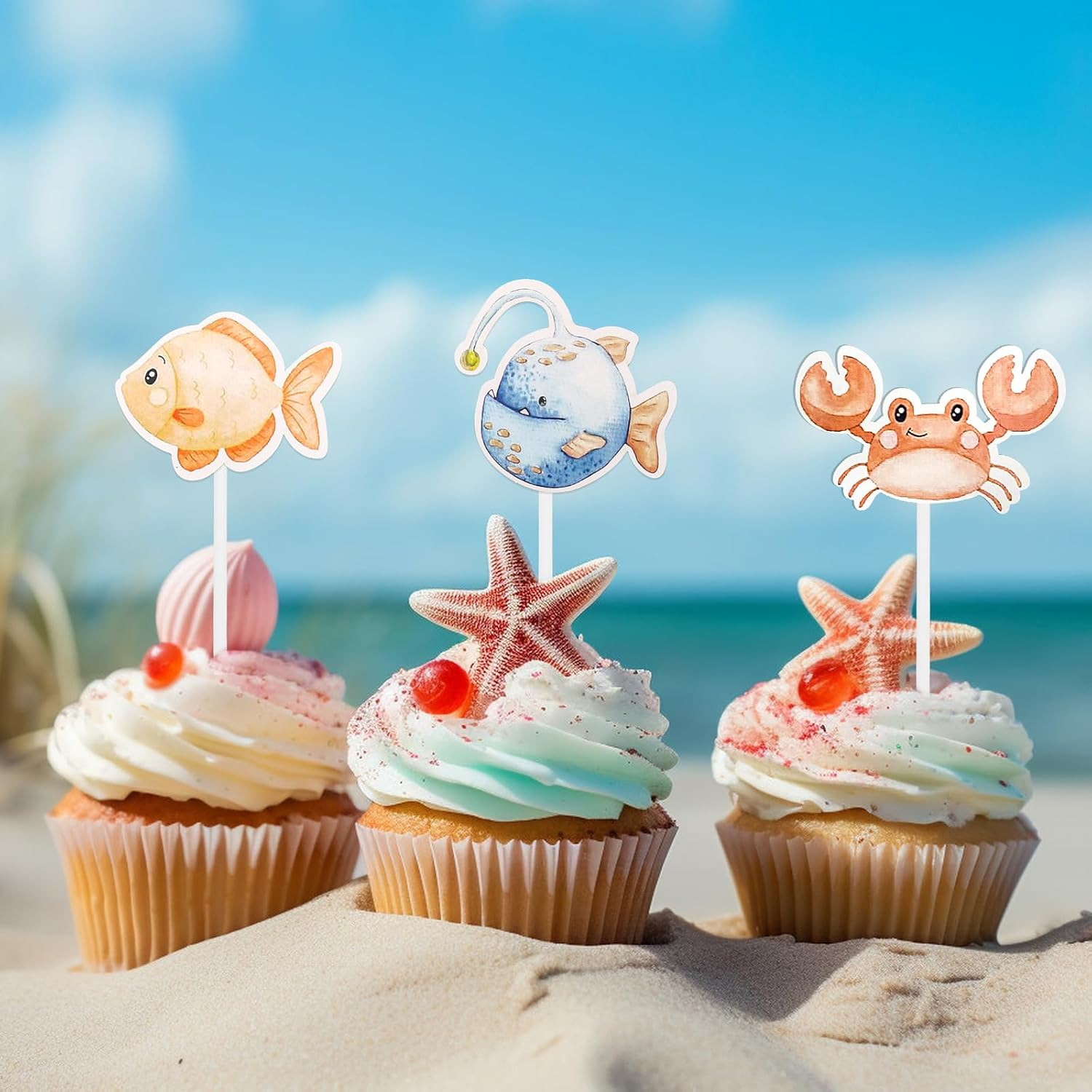 ENLACE Pack of 36 Sea Animals Cupcake Toppers, Ocean Theme Cake Decoration for Birthday, Christening image number 1